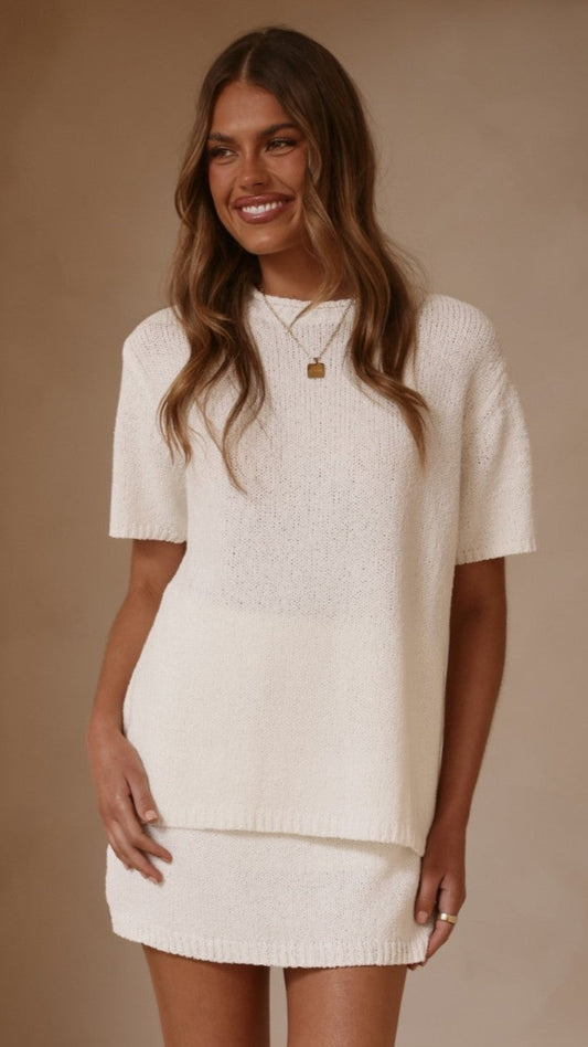 Casey Oversized Crew Neck Longline Knit Tee – Off White