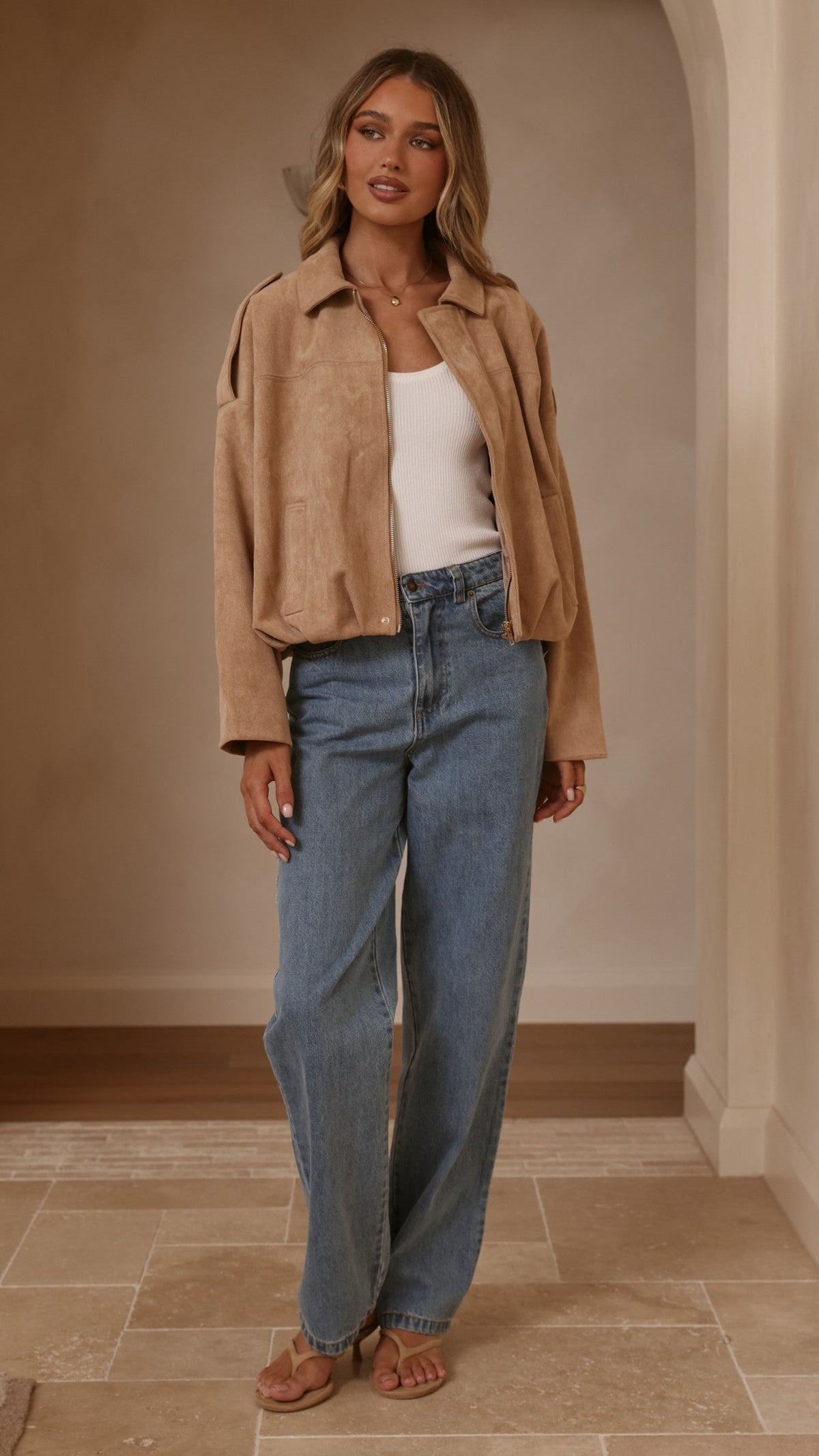 Leela Faux Suede Collared Bomber Jacket with Bubble Hem – Camel