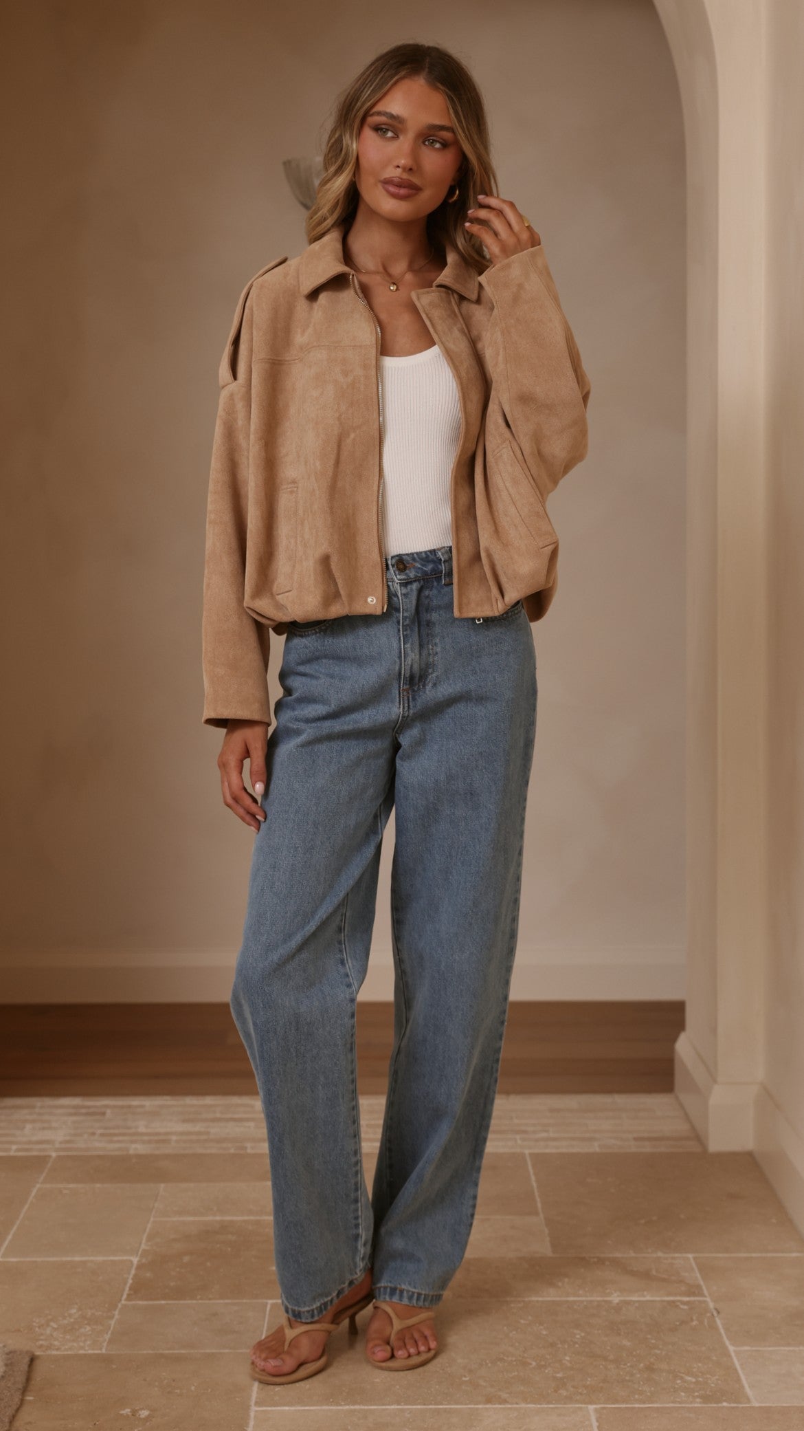 Leela Faux Suede Collared Bomber Jacket with Bubble Hem – Camel – view 10