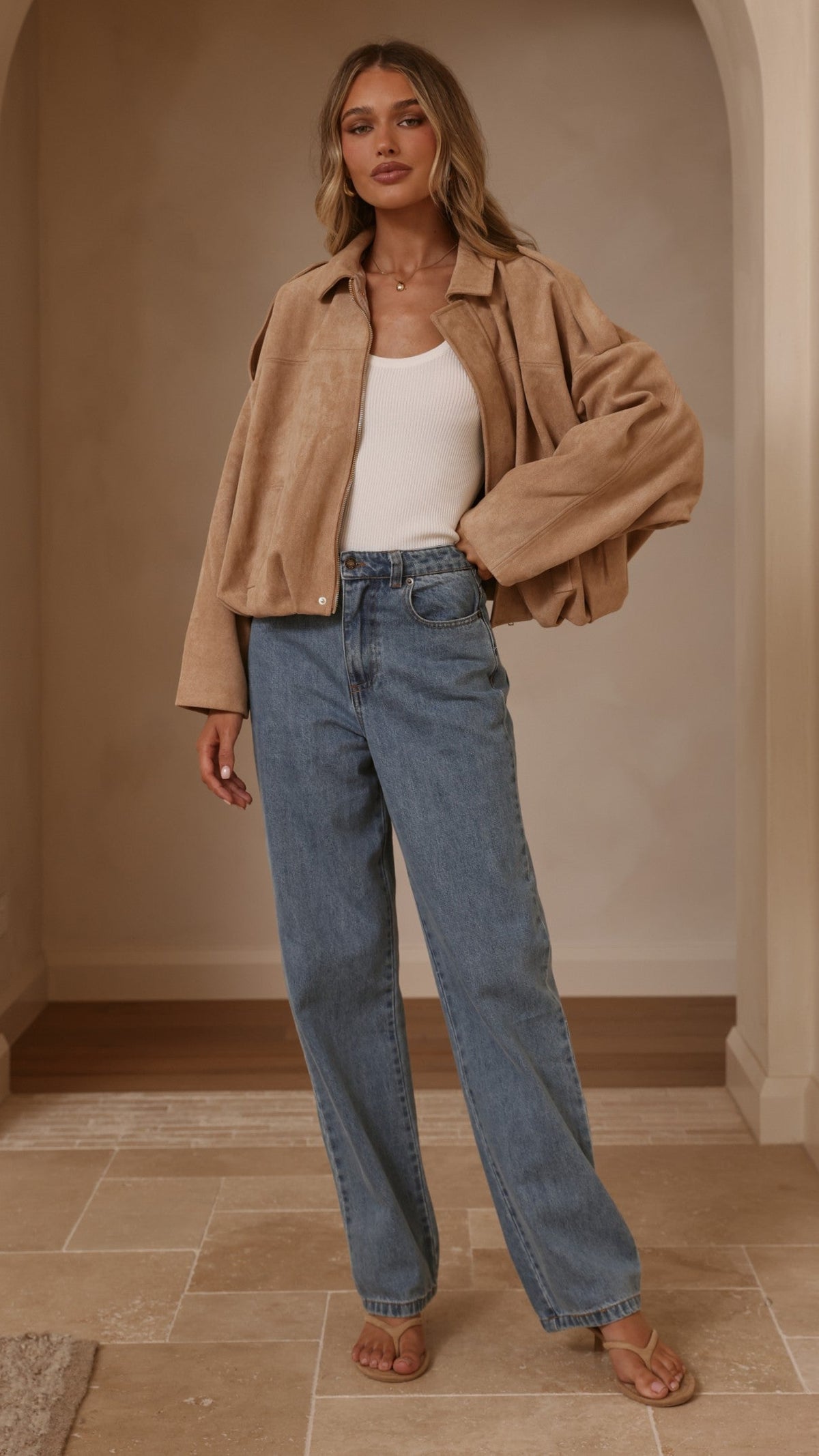 Leela Faux Suede Collared Bomber Jacket with Bubble Hem – Camel – view 11