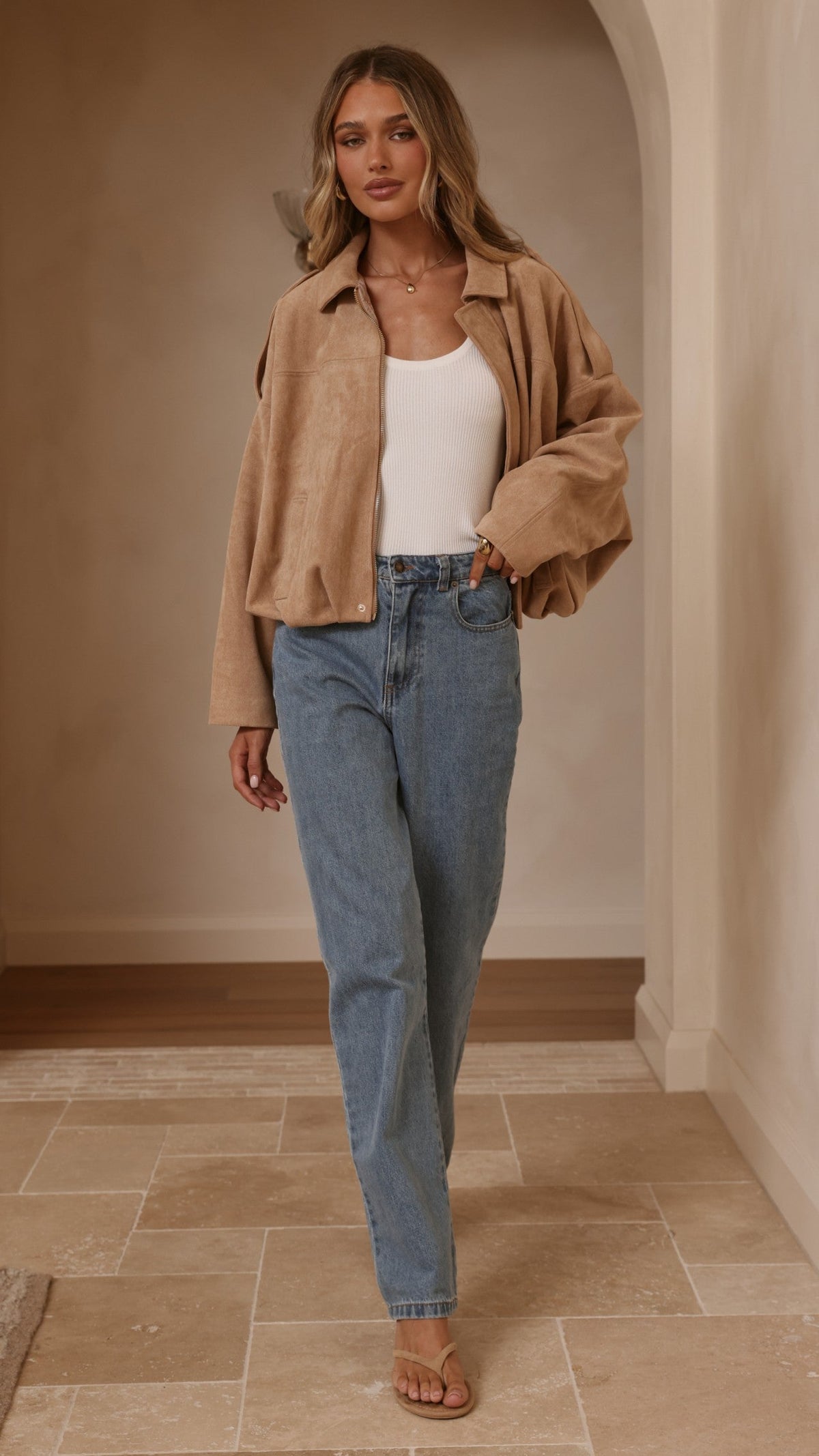 Leela Faux Suede Collared Bomber Jacket with Bubble Hem – Camel – view 12
