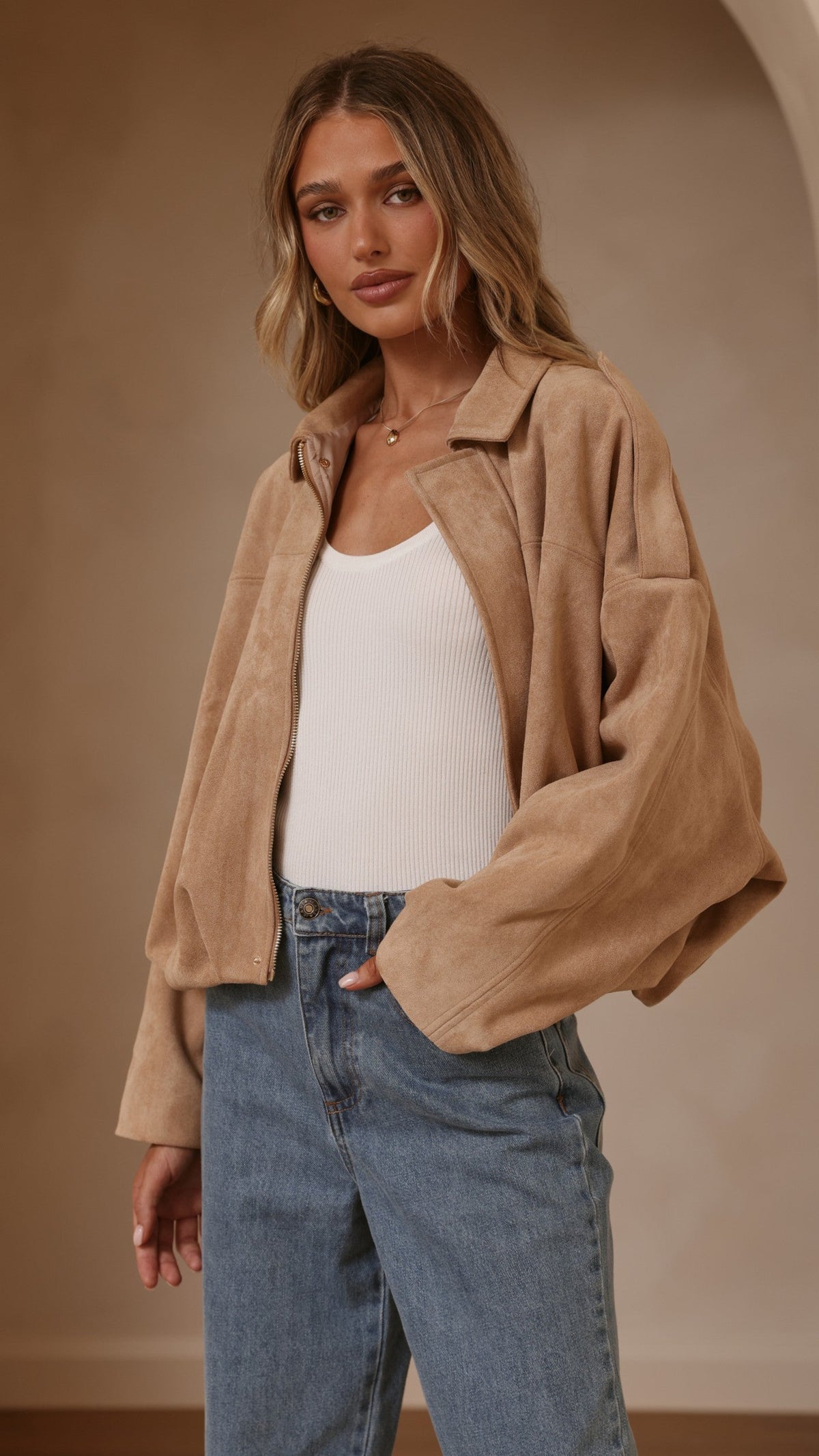 Leela Faux Suede Collared Bomber Jacket with Bubble Hem – Camel