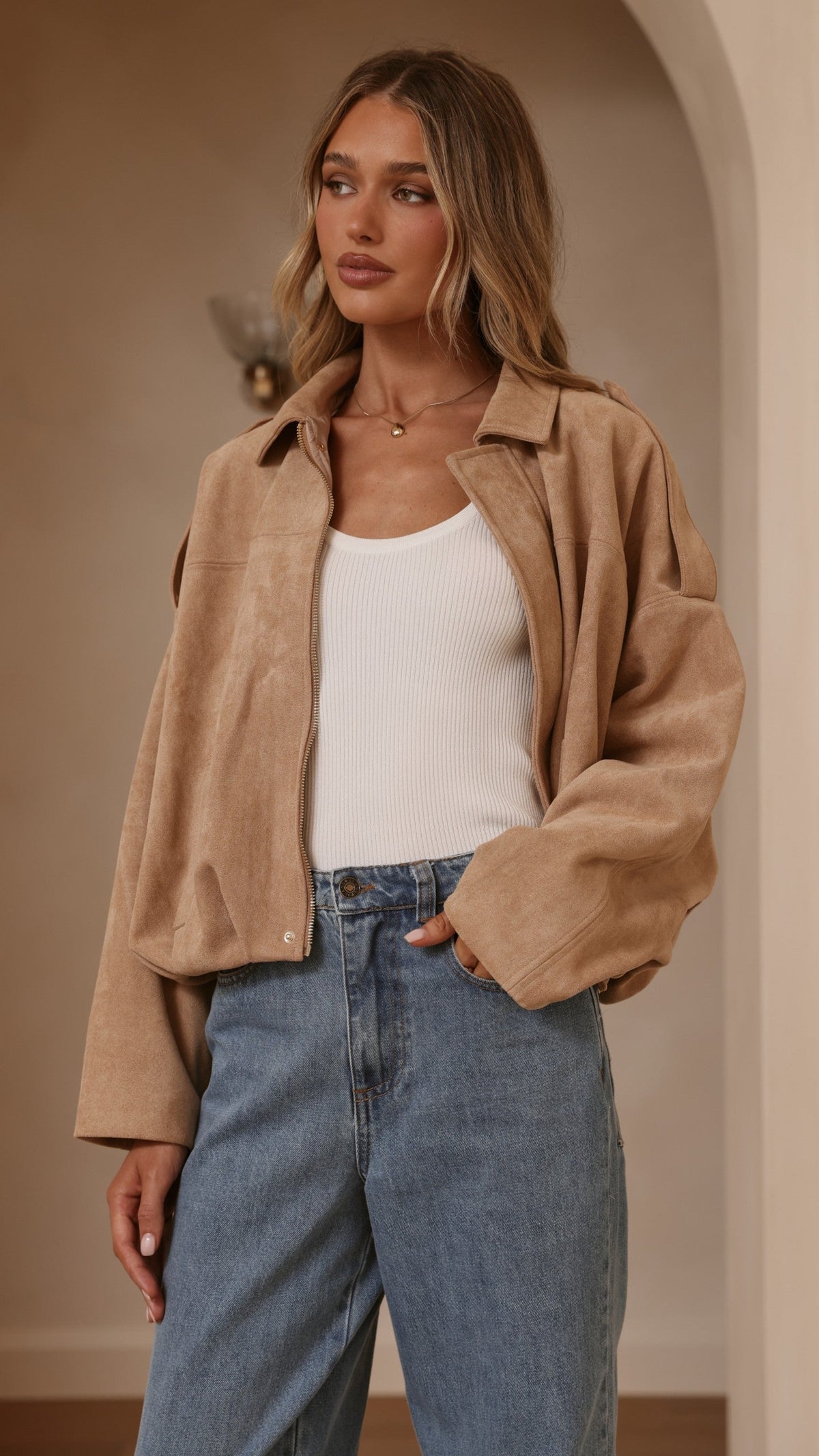 Leela Faux Suede Collared Bomber Jacket with Bubble Hem – Camel – view 14
