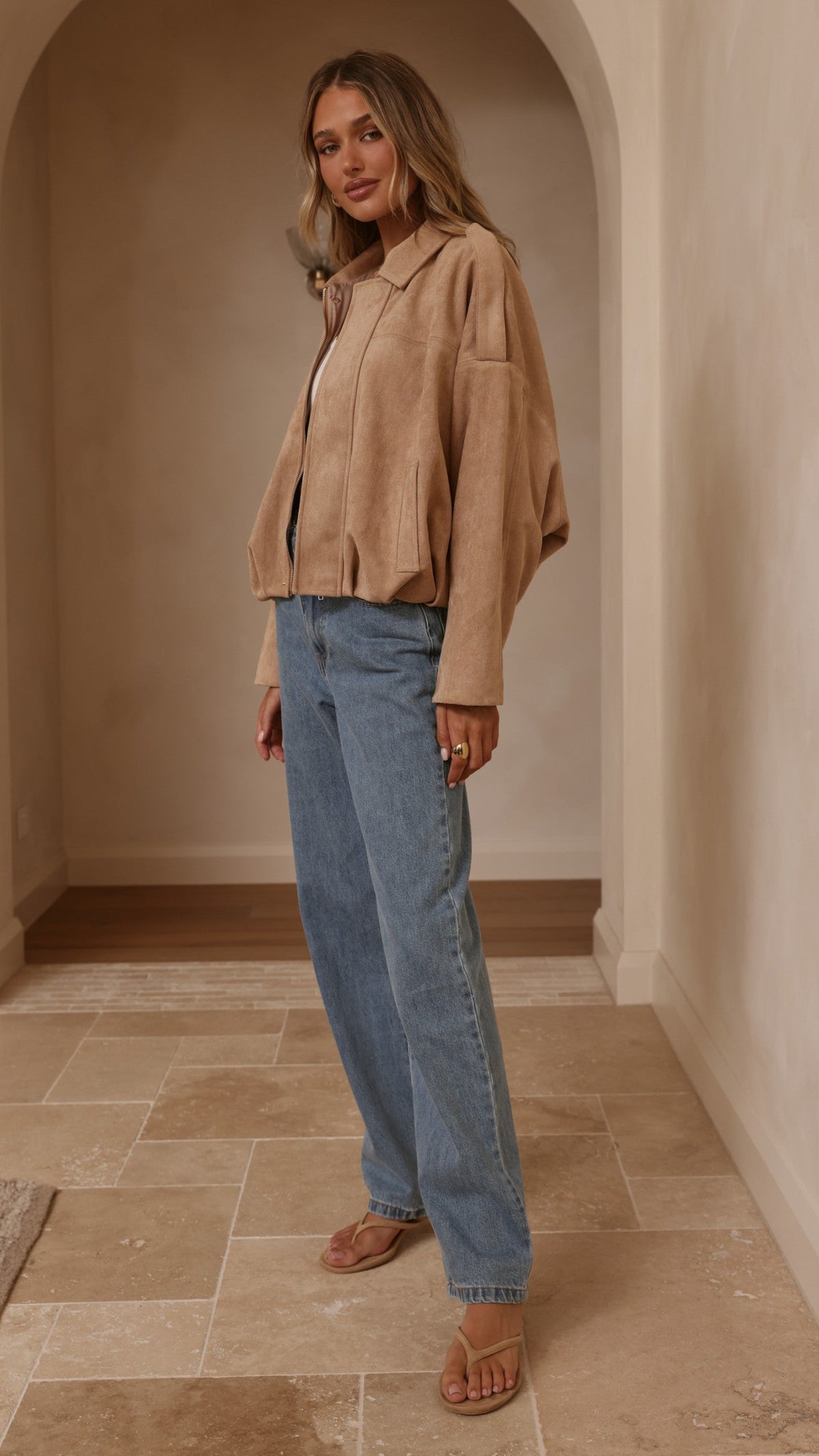 Leela Faux Suede Collared Bomber Jacket with Bubble Hem – Camel