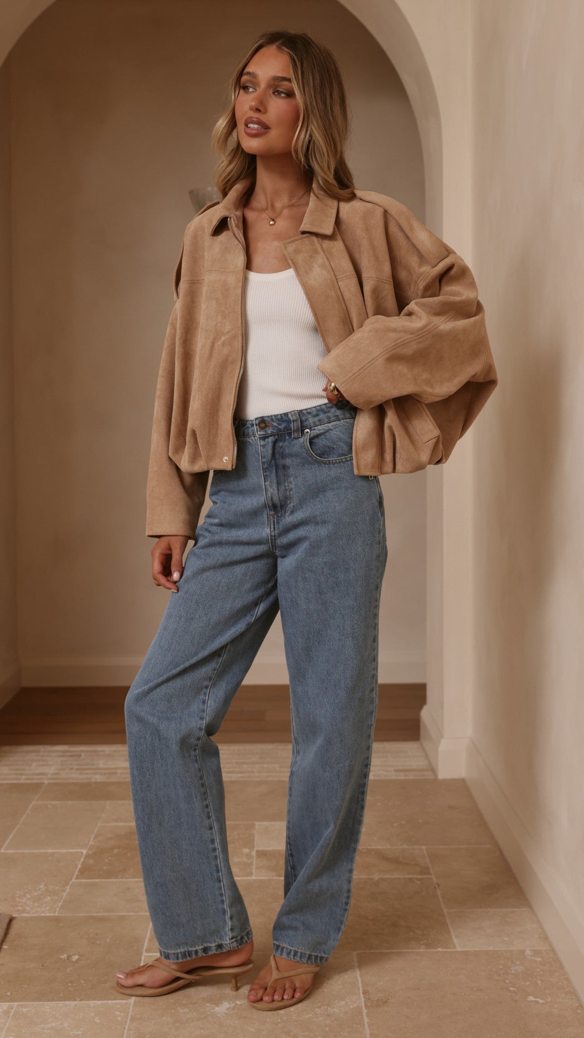 Leela Faux Suede Collared Bomber Jacket with Bubble Hem – Camel