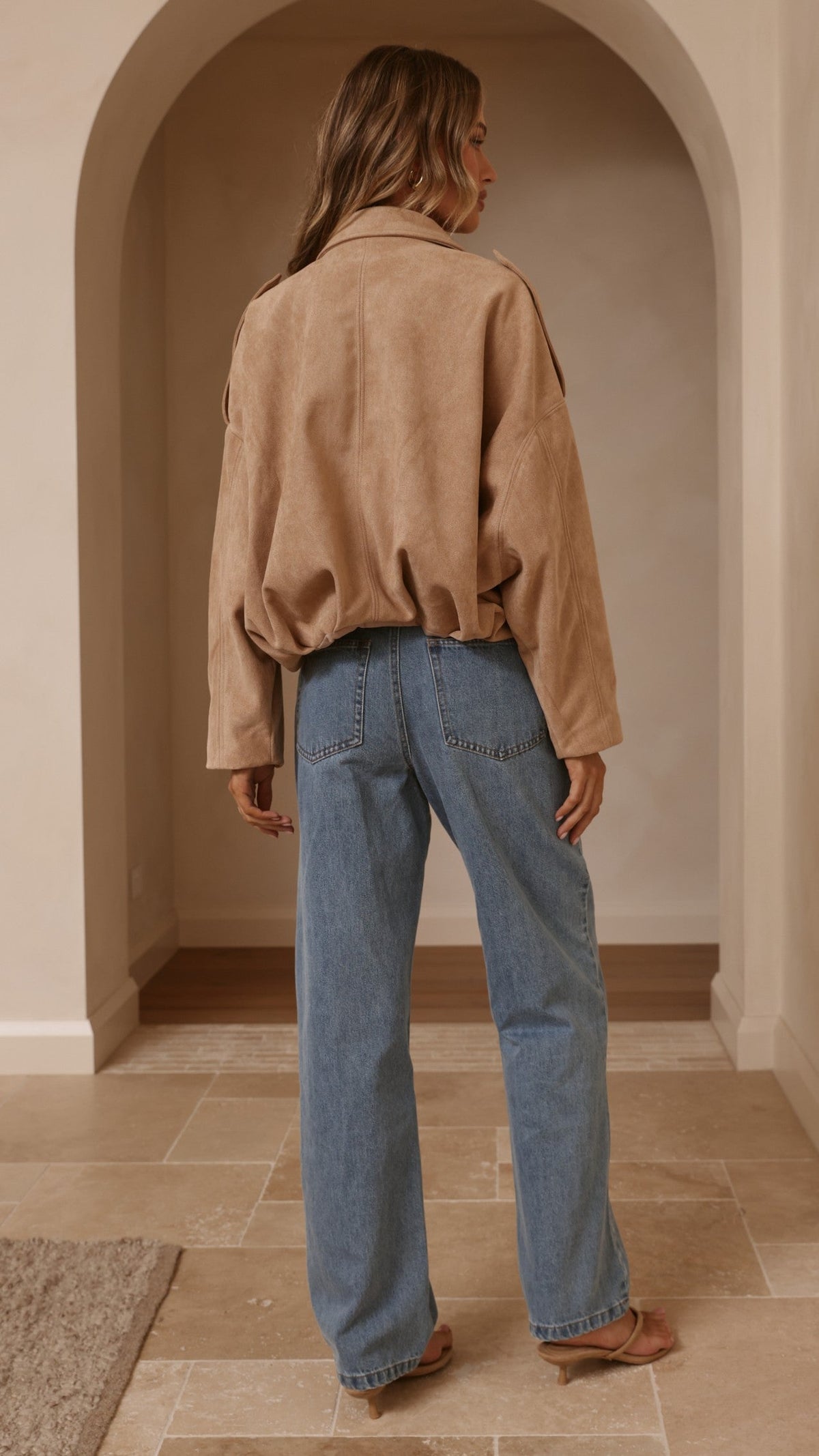 Leela Faux Suede Collared Bomber Jacket with Bubble Hem – Camel – view 2