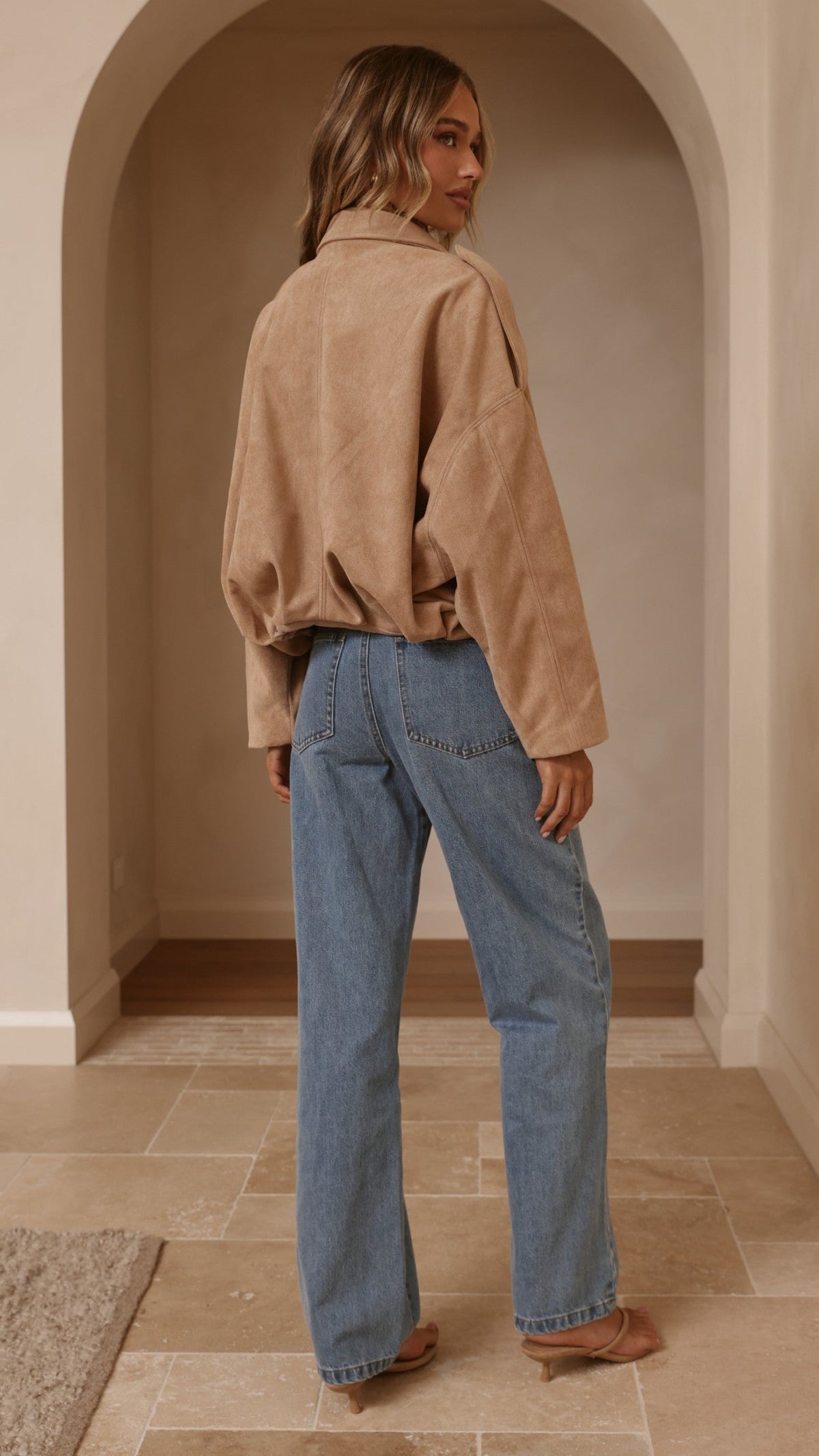 Leela Faux Suede Collared Bomber Jacket with Bubble Hem – Camel