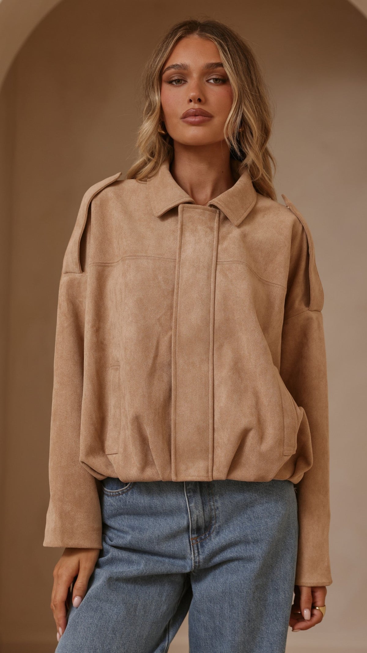 Leela Faux Suede Collared Bomber Jacket with Bubble Hem – Camel