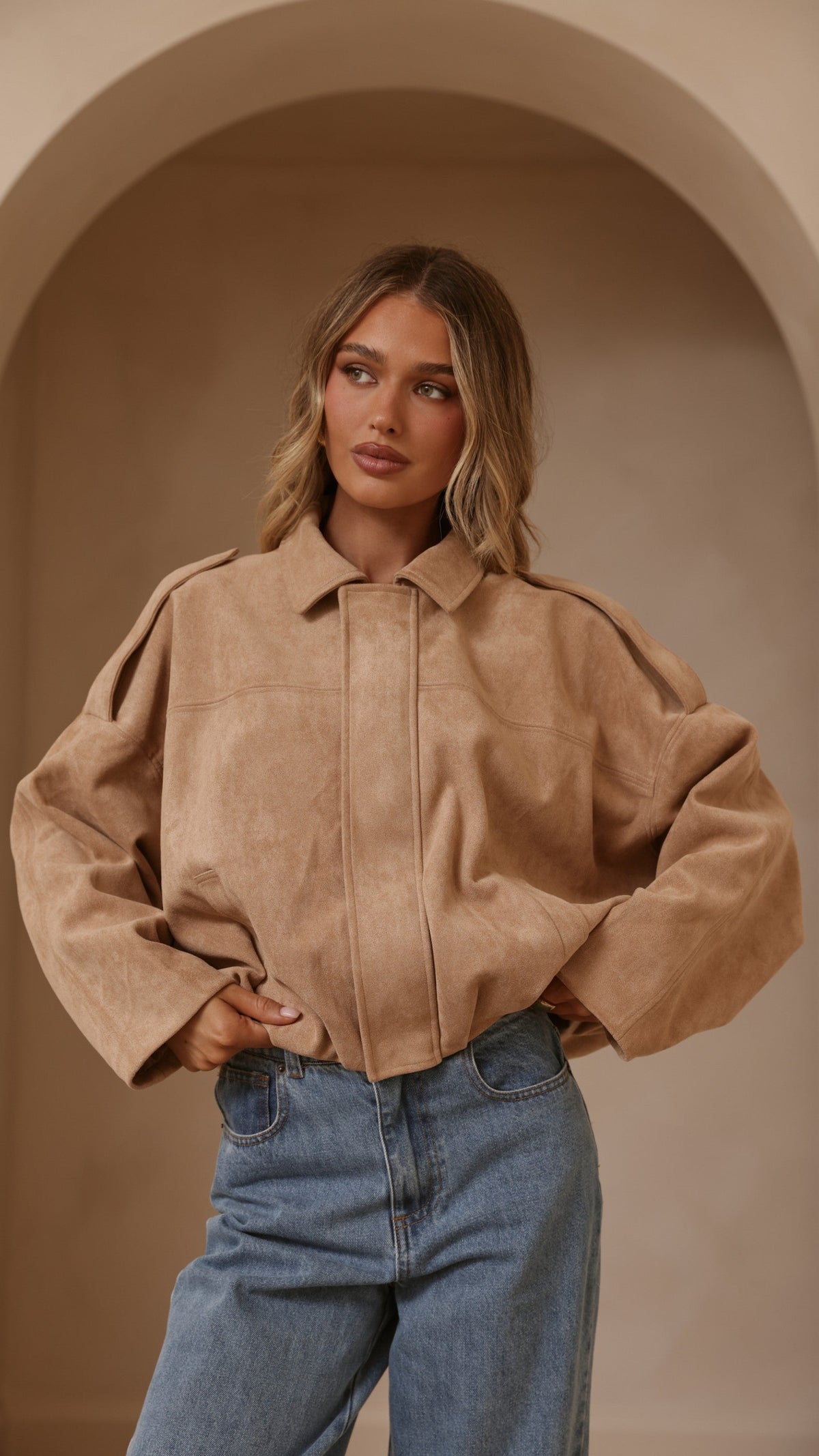 Leela Faux Suede Collared Bomber Jacket with Bubble Hem – Camel
