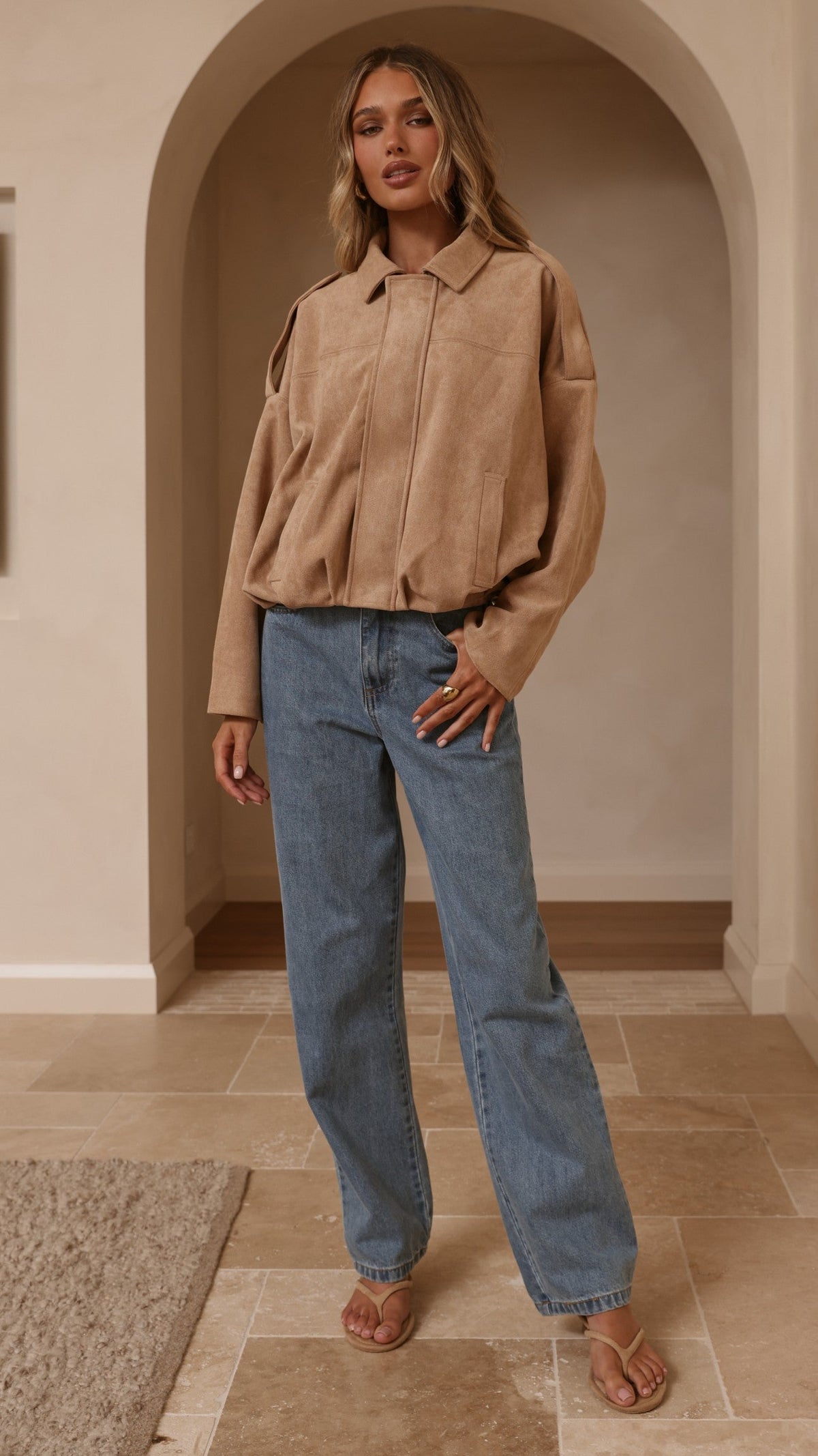 Leela Faux Suede Collared Bomber Jacket with Bubble Hem – Camel