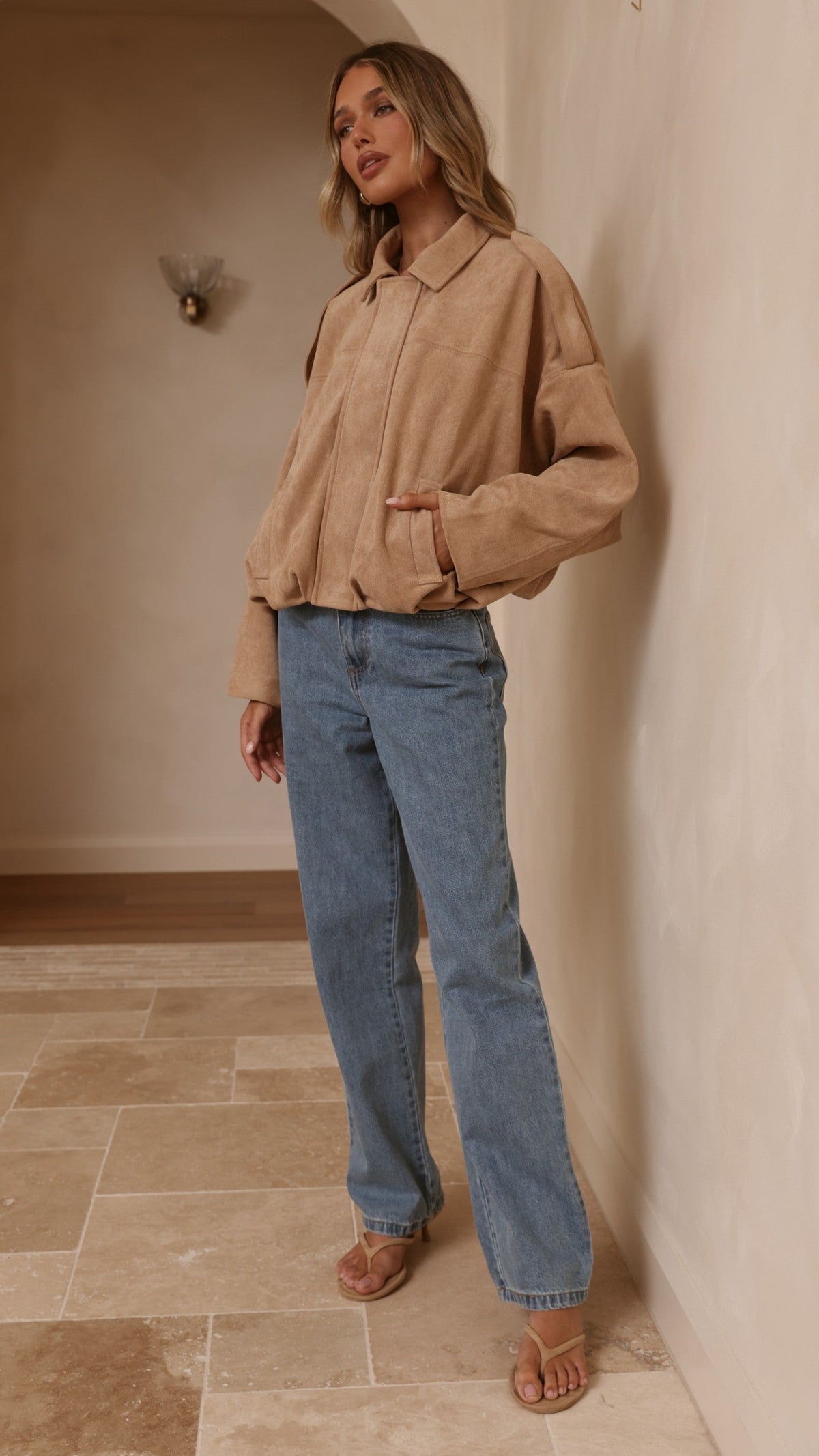 Leela Faux Suede Collared Bomber Jacket with Bubble Hem – Camel – view 6