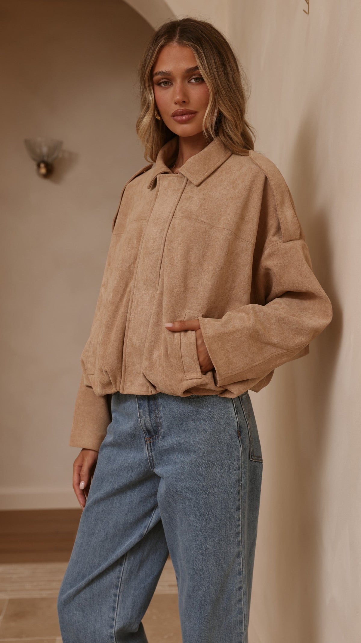Leela Faux Suede Collared Bomber Jacket with Bubble Hem – Camel