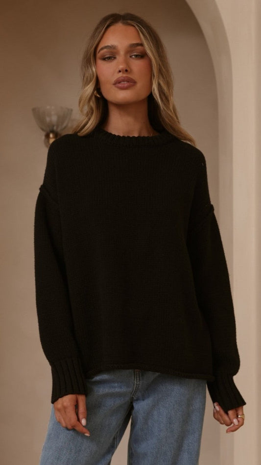 Jase Relaxed Crew Neck Rolled Hem Cotton Knit Jumper – Black