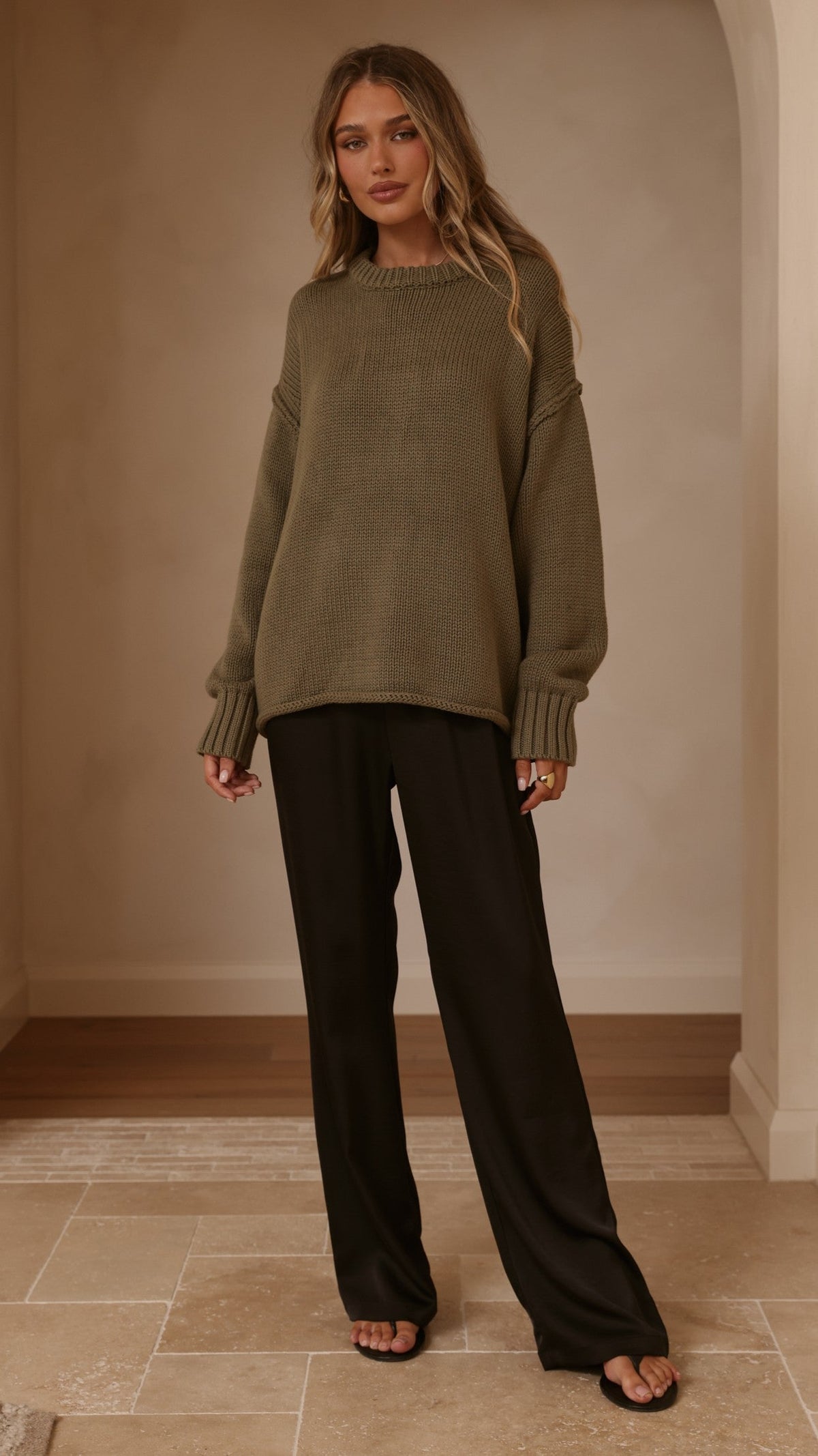 Jase Relaxed Crew Neck Rolled Hem Cotton Knit Jumper – Khaki – view 4