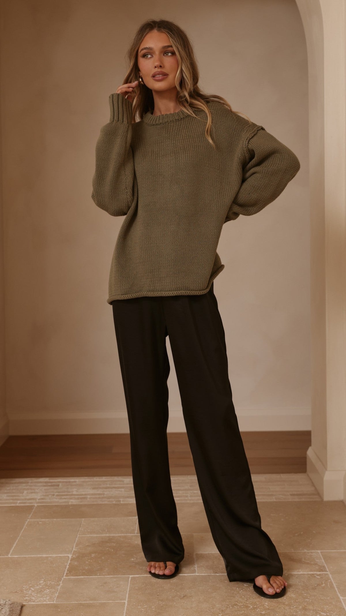 Jase Relaxed Crew Neck Rolled Hem Cotton Knit Jumper – Khaki – view 10