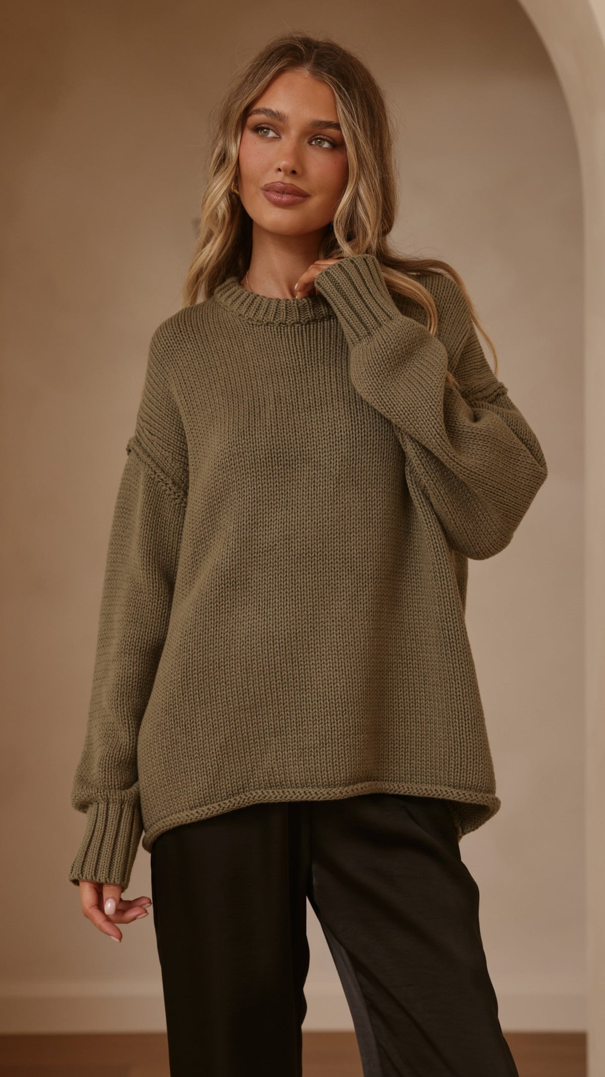 Jase Relaxed Crew Neck Rolled Hem Cotton Knit Jumper – Khaki – view 11