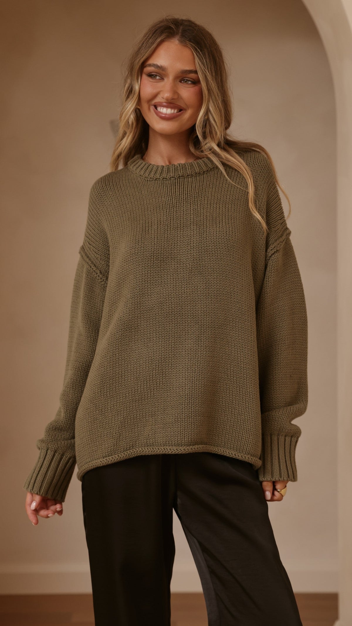 Jase Relaxed Crew Neck Rolled Hem Cotton Knit Jumper – Khaki – view 3