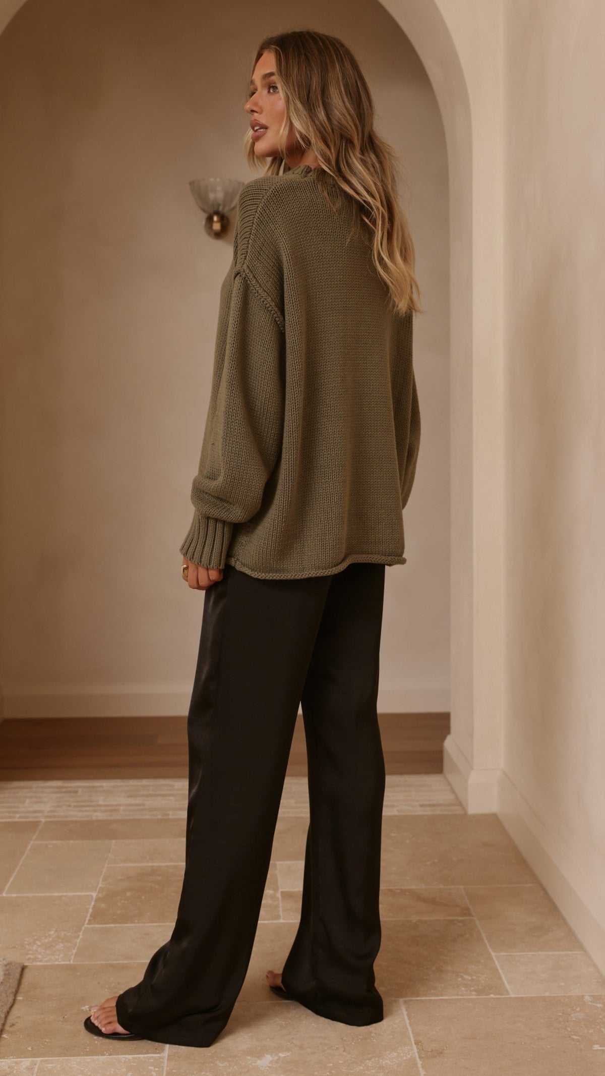 Jase Relaxed Crew Neck Rolled Hem Cotton Knit Jumper – Khaki – view 2