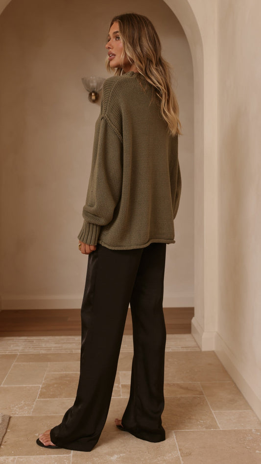 Jase Relaxed Crew Neck Rolled Hem Cotton Knit Jumper – Khaki – view 2