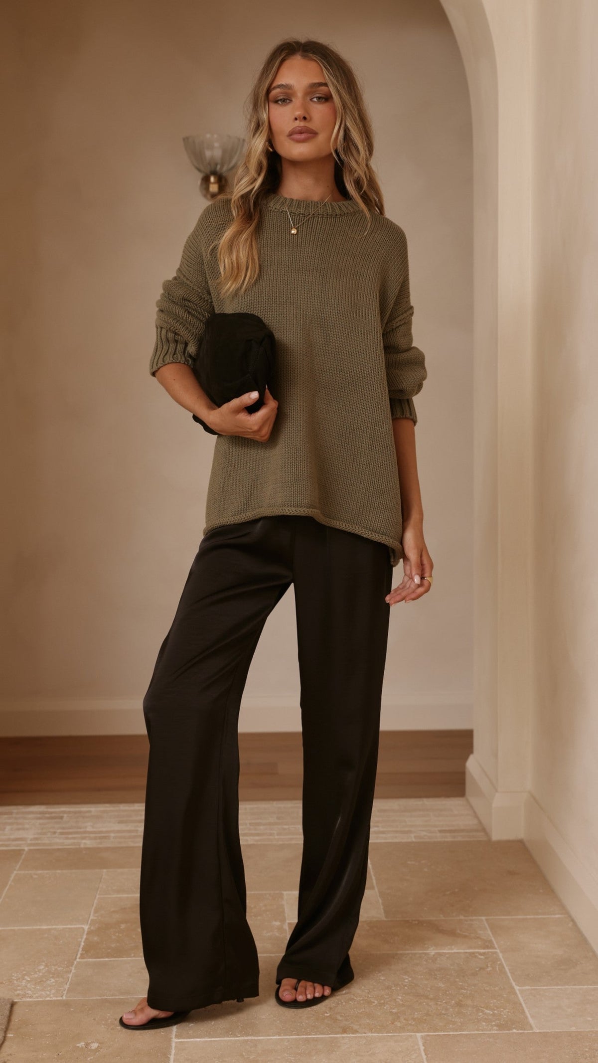 Jase Relaxed Crew Neck Rolled Hem Cotton Knit Jumper – Khaki – view 9