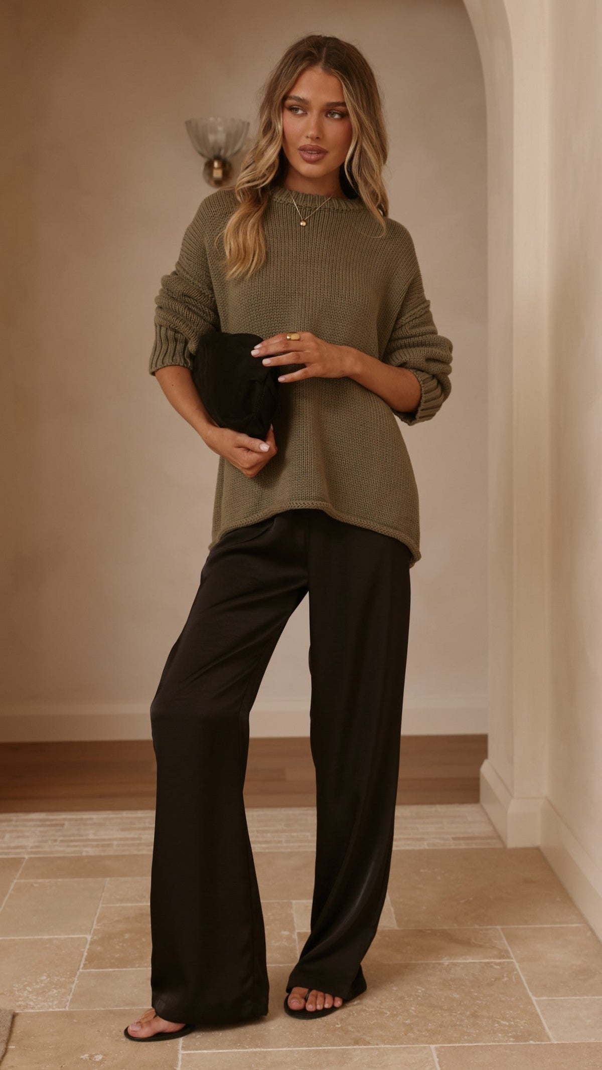 Jase Relaxed Crew Neck Rolled Hem Cotton Knit Jumper – Khaki – view 12