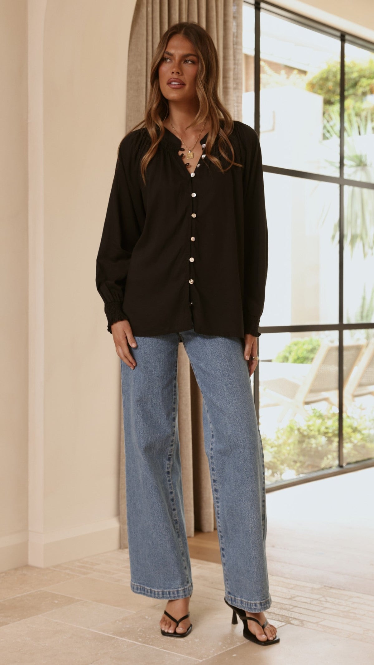 Solana Semi-Sheer V-Neck Shirred Button-Down Blouse – Black – view 10