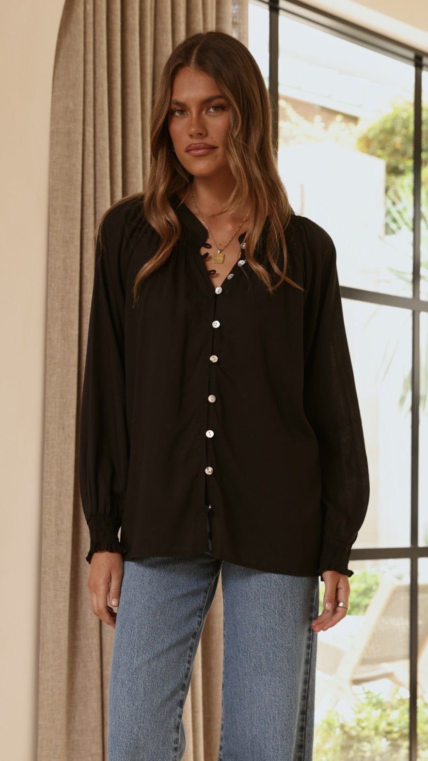 Solana Semi-Sheer V-Neck Shirred Button-Down Blouse – Black – view 4