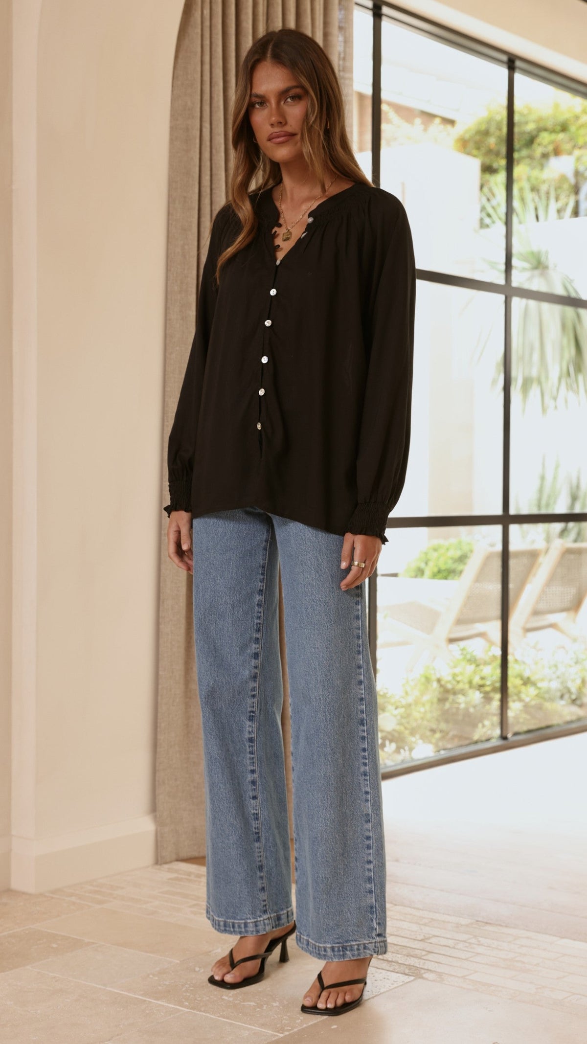 Solana Semi-Sheer V-Neck Shirred Button-Down Blouse – Black – view 5