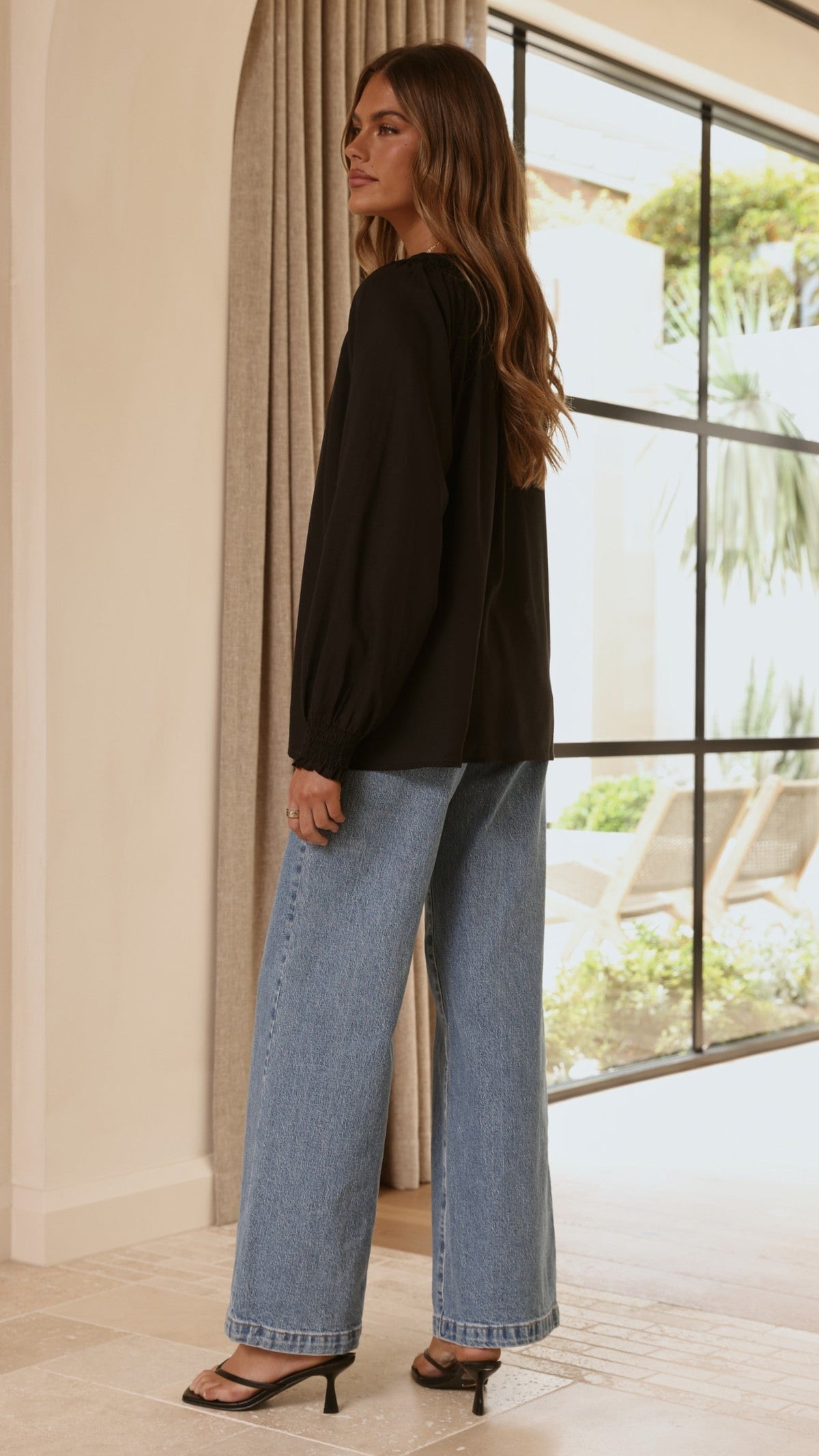 Solana Semi-Sheer V-Neck Shirred Button-Down Blouse – Black – view 2
