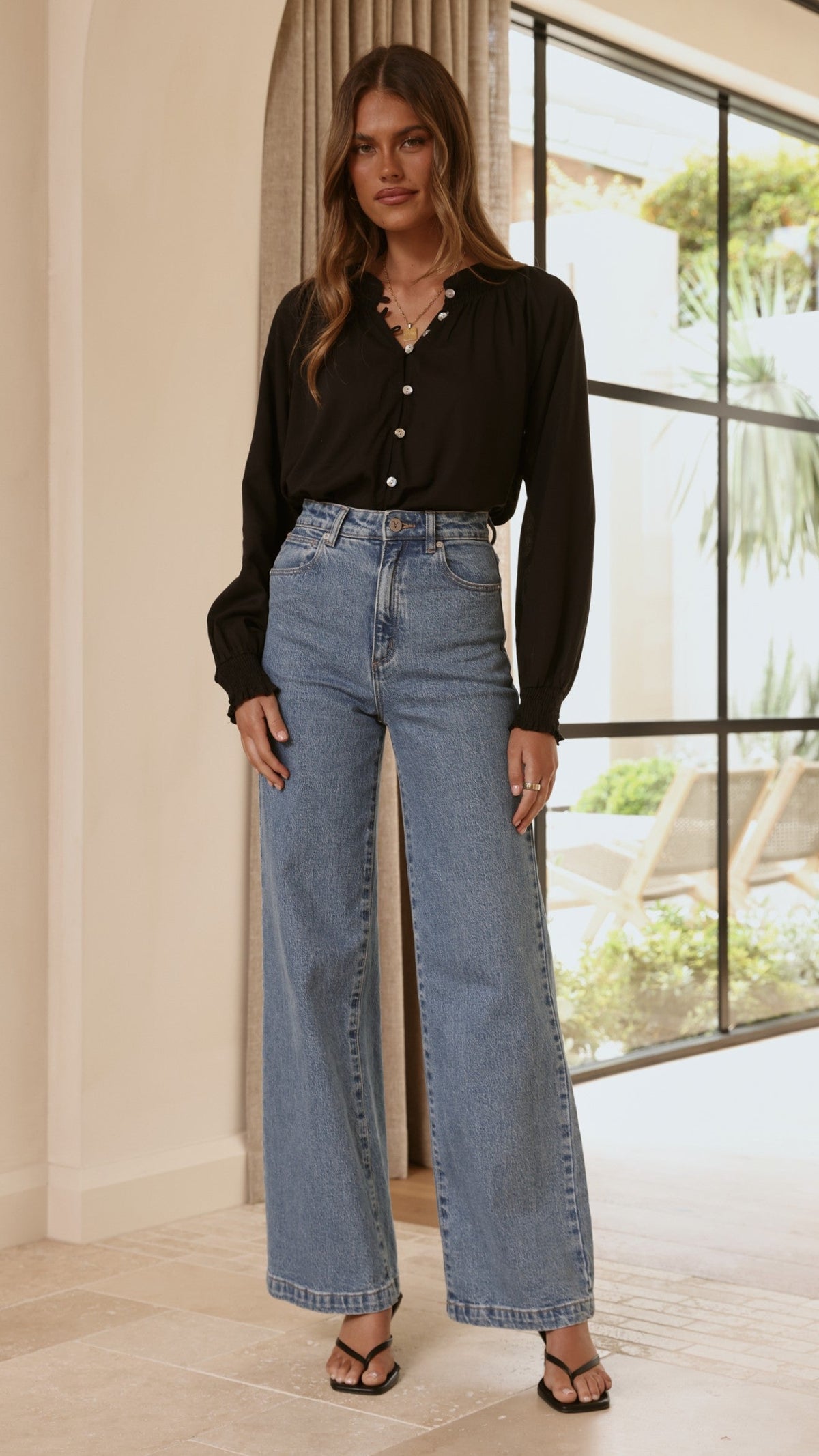 Solana Semi-Sheer V-Neck Shirred Button-Down Blouse – Black – view 11