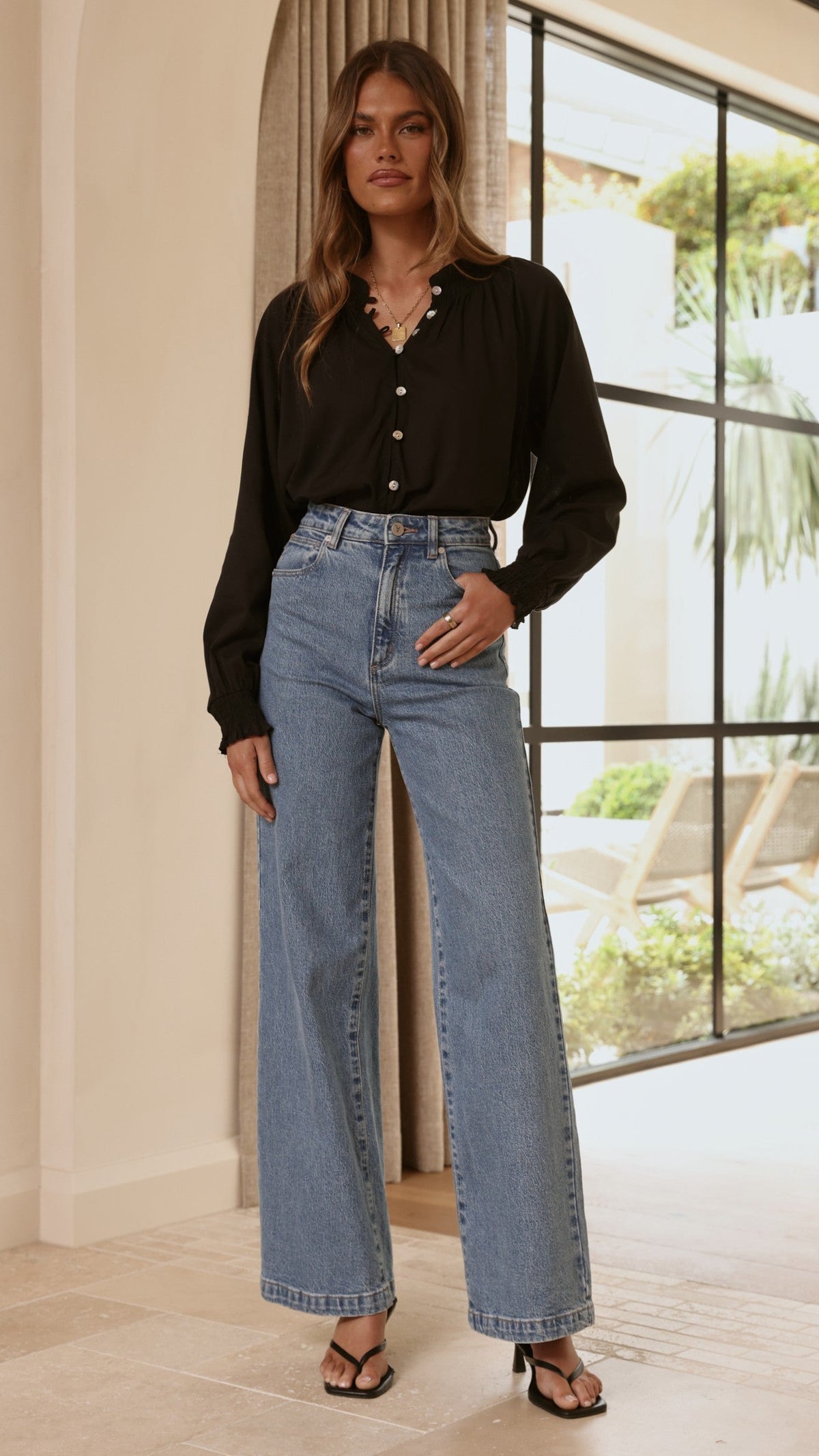 Solana Semi-Sheer V-Neck Shirred Button-Down Blouse – Black – view 3