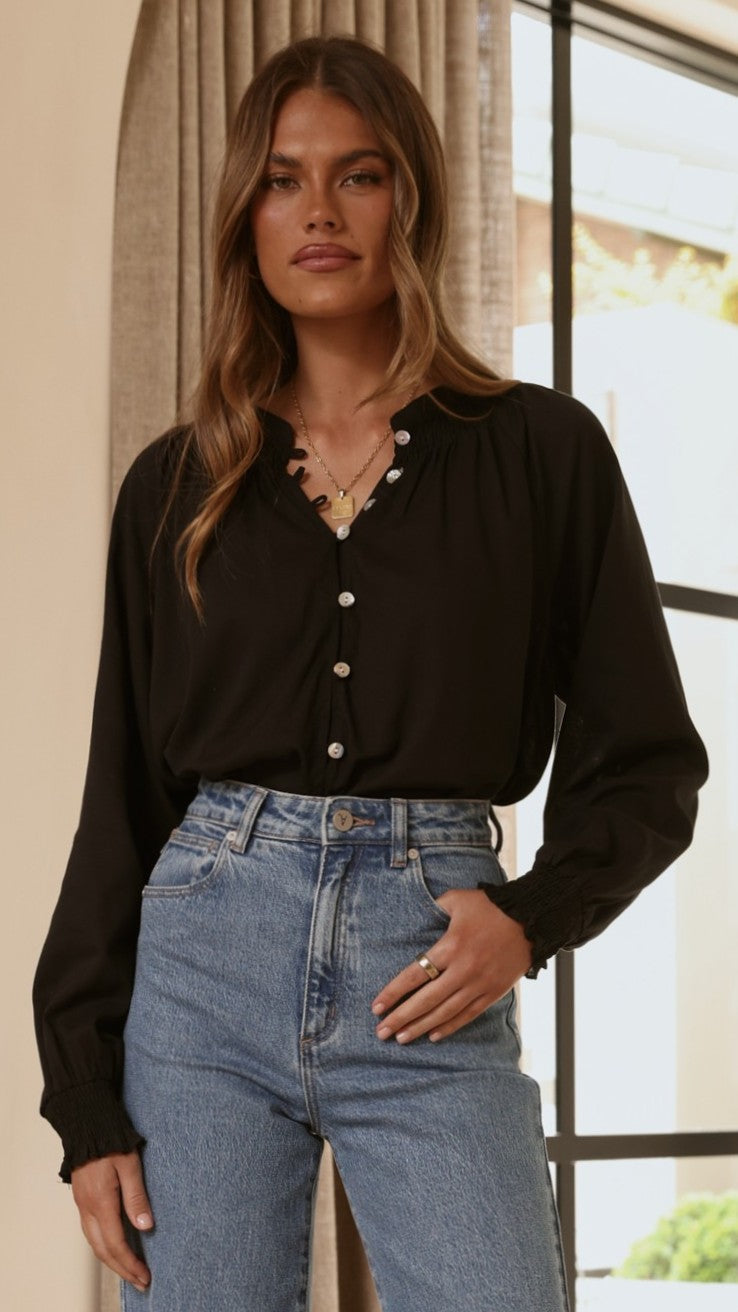 Solana Semi-Sheer V-Neck Shirred Button-Down Blouse – Black