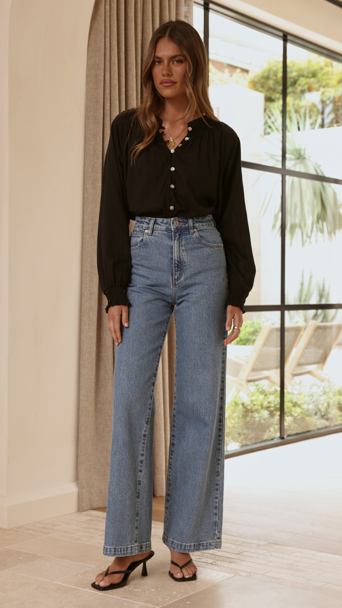 Solana Semi-Sheer V-Neck Shirred Button-Down Blouse – Black – view 8