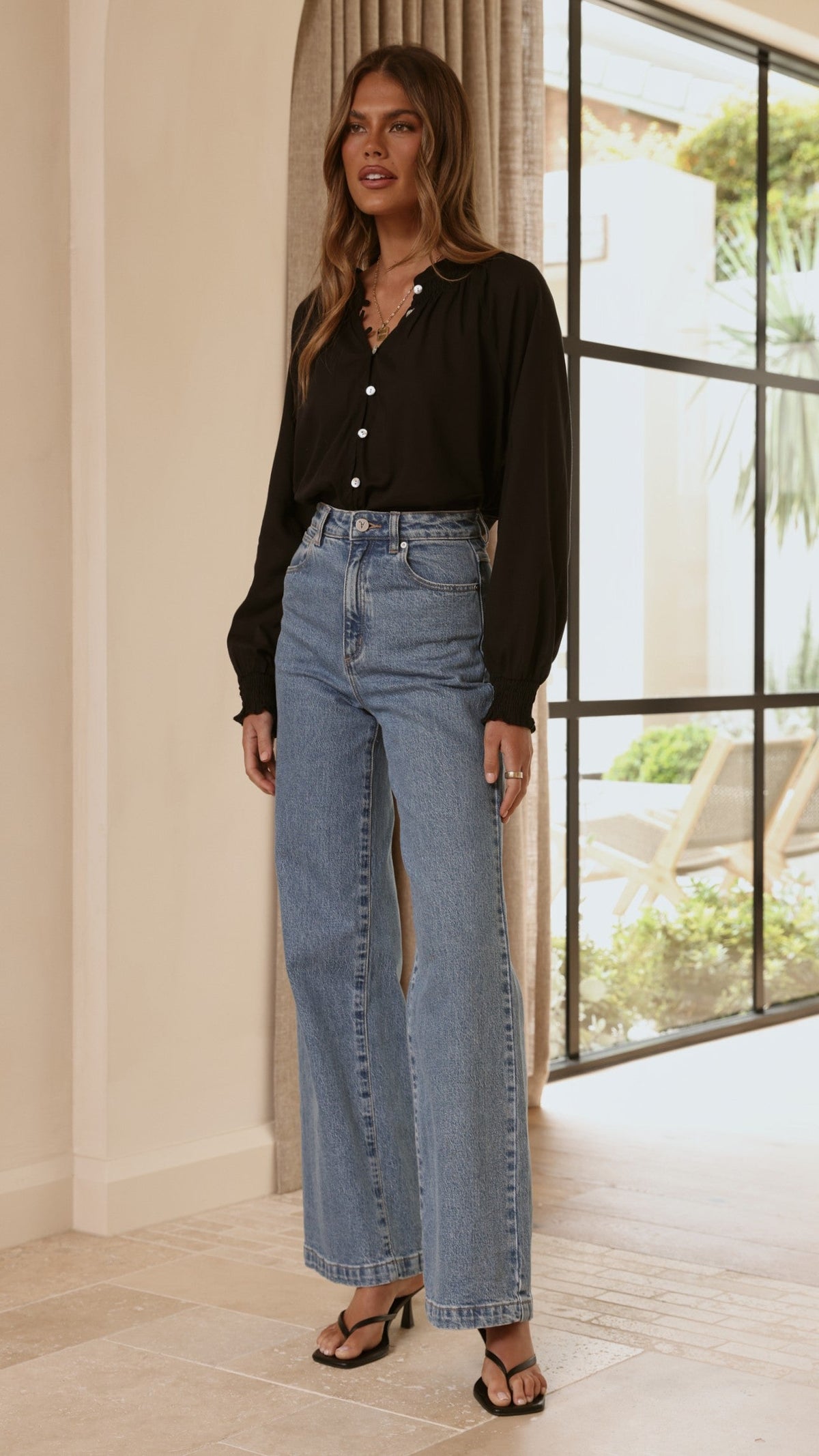 Solana Semi-Sheer V-Neck Shirred Button-Down Blouse – Black – view 9