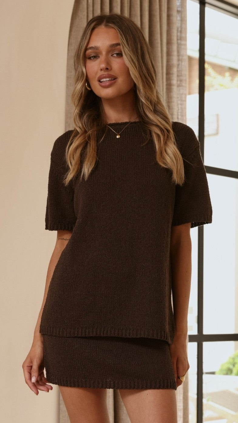 Casey Oversized Crew Neck Longline Knit Tee – Chocolate – view 1