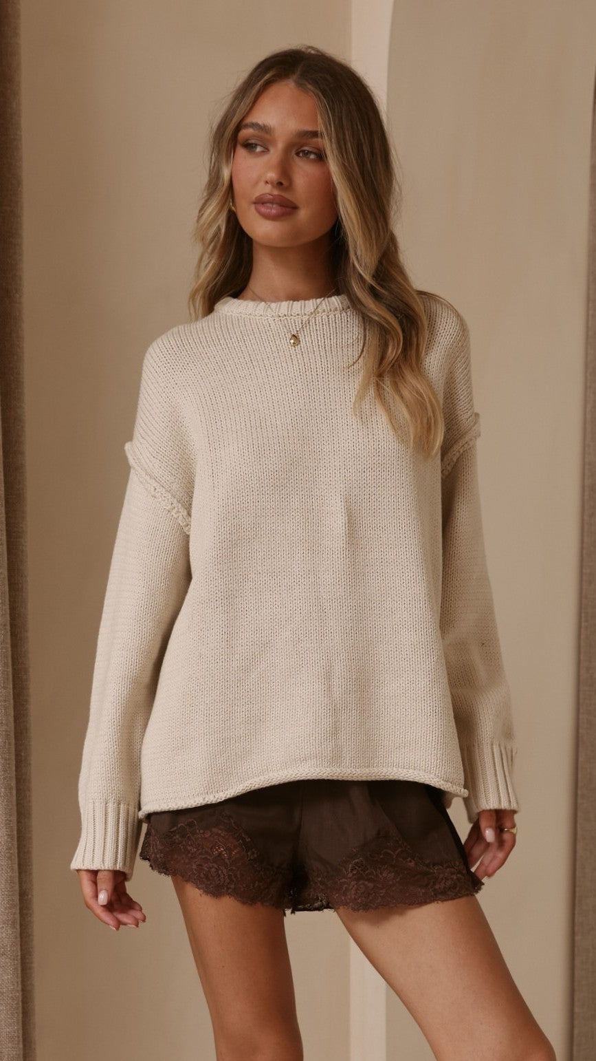 Hayden Boxy Crew Neck Rolled Hem Knit Jumper – Natural