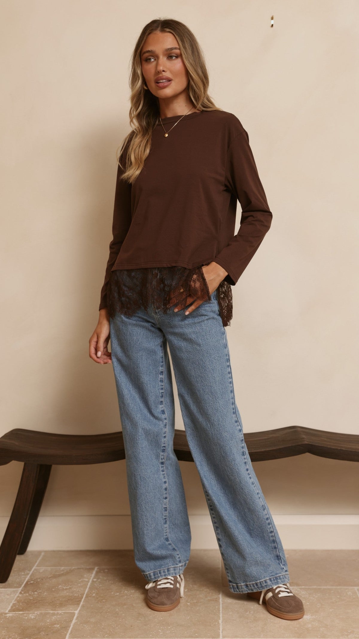 Alina Boxy Long Sleeve Cotton Top with Lace Hem – Chocolate – view 6