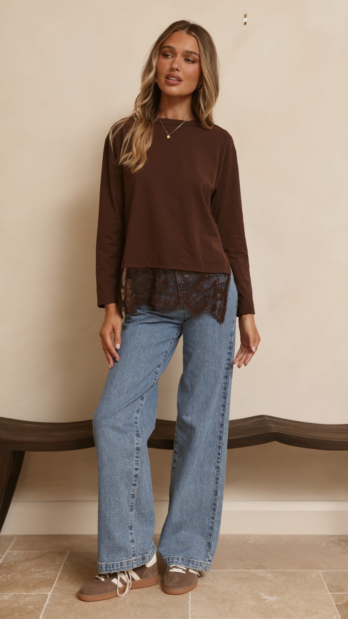 Alina Boxy Long Sleeve Cotton Top with Lace Hem – Chocolate – view 3