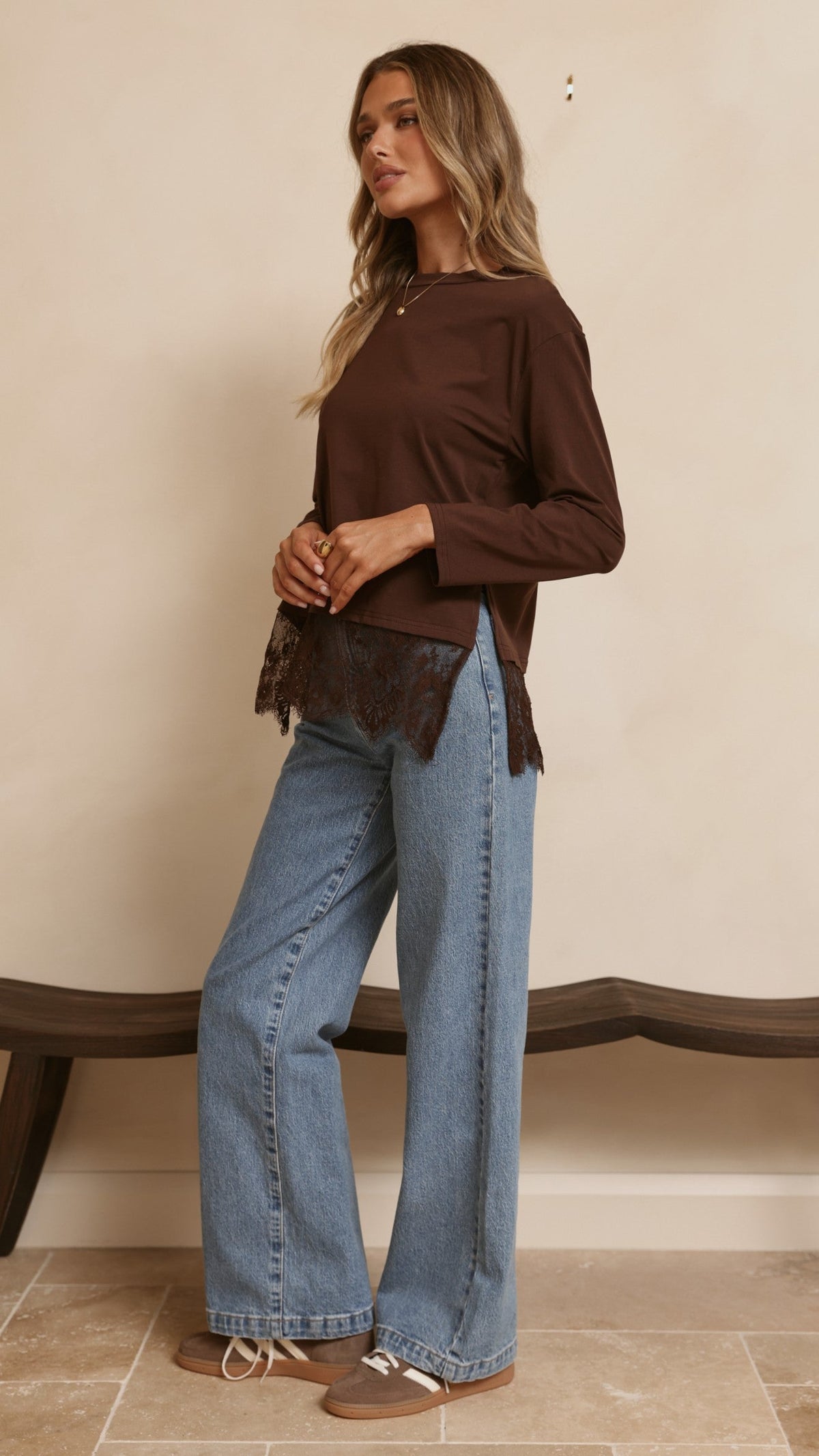 Alina Boxy Long Sleeve Cotton Top with Lace Hem – Chocolate – view 4