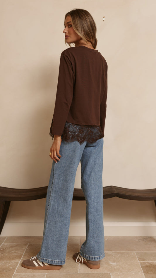 Alina Boxy Long Sleeve Cotton Top with Lace Hem – Chocolate – view 2
