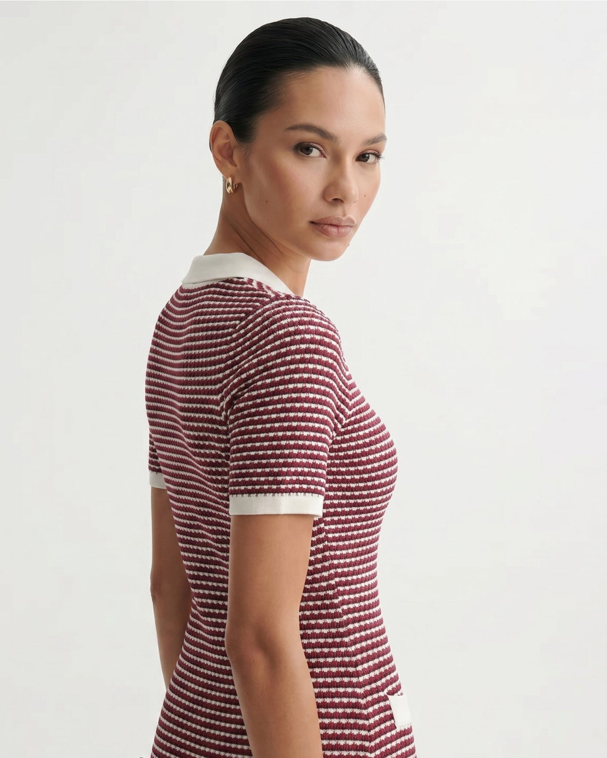 Eve Ice Silk Knit Colour Block Stretch Dress – Red and White – view 5