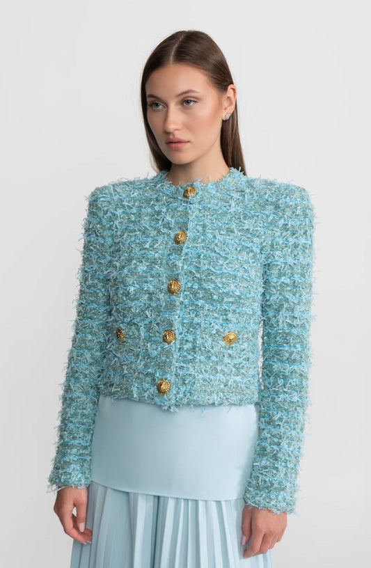 Round Neck Textured Tweed Jacket with Gold Buttons – Blue