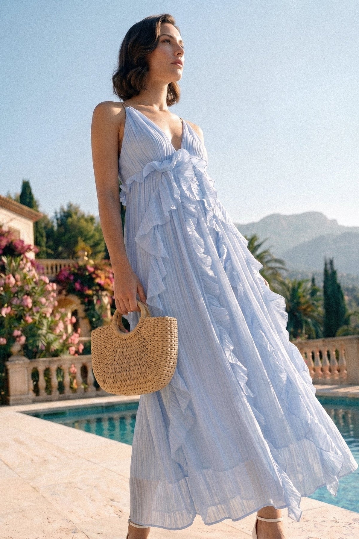 Deep V Halter Chiffon Ruffle Maxi Dress with Asymmetric Tiers – Blue – view 4