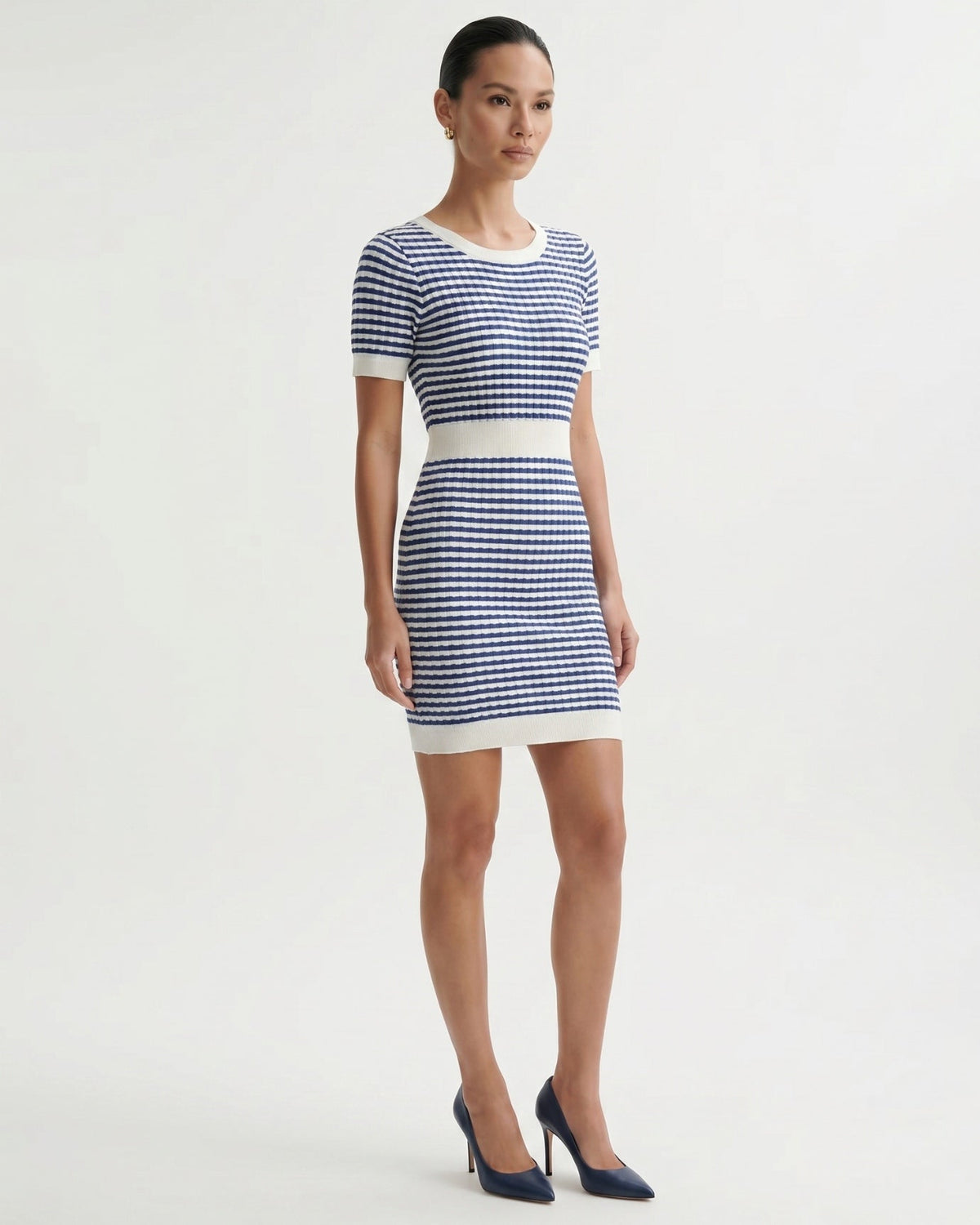 Striped Knit Dress with Contrast Detailing – Blue