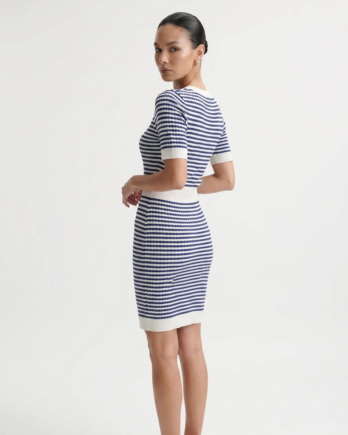 Striped Knit Dress with Contrast Detailing – Blue