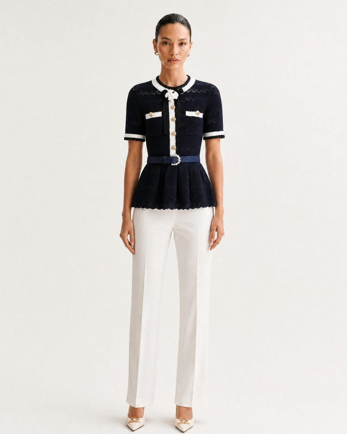 Zira Classic Pearl Fitted Jersey Short Dress with Belt – view 12