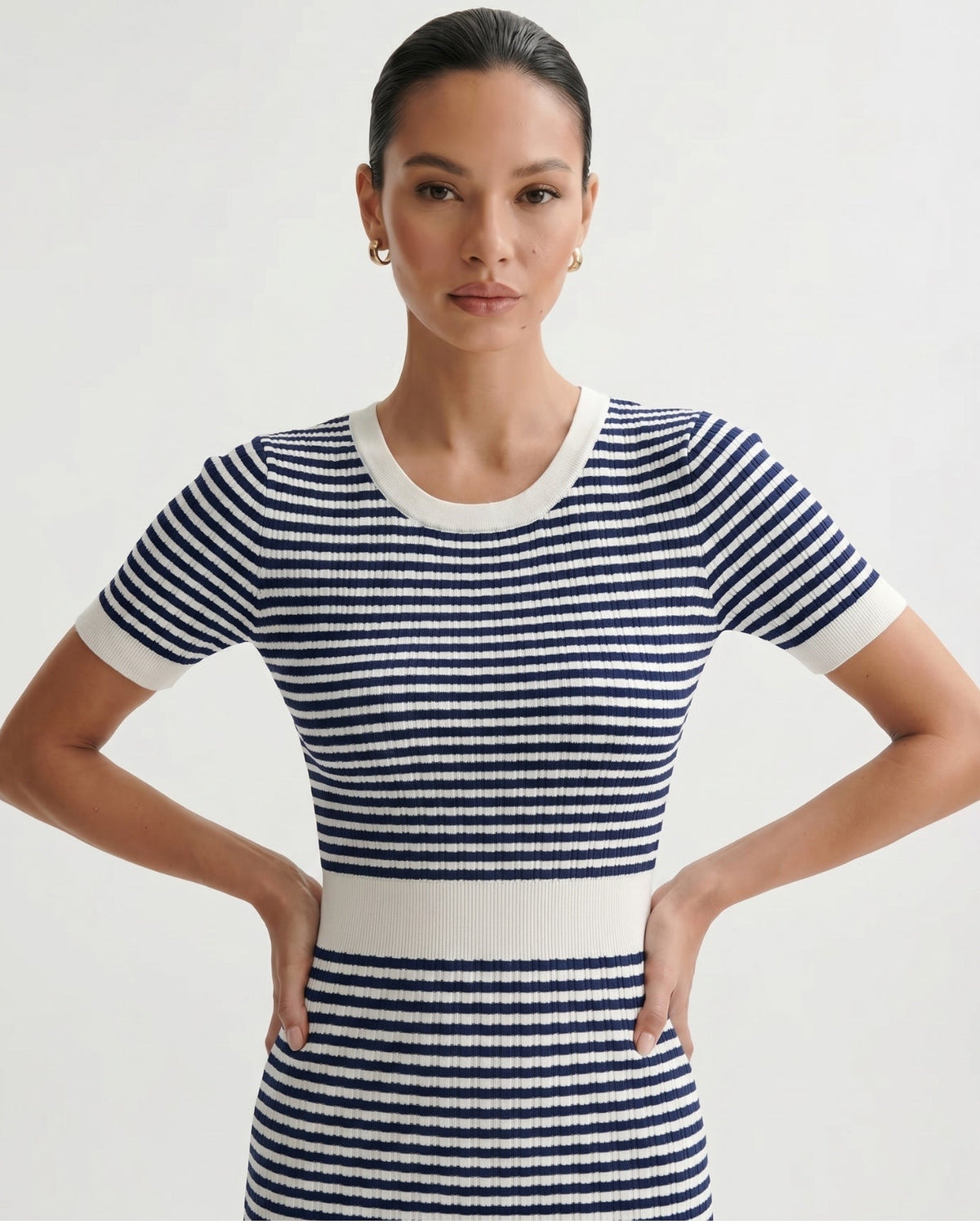 Striped Knit Dress with Contrast Detailing – Blue