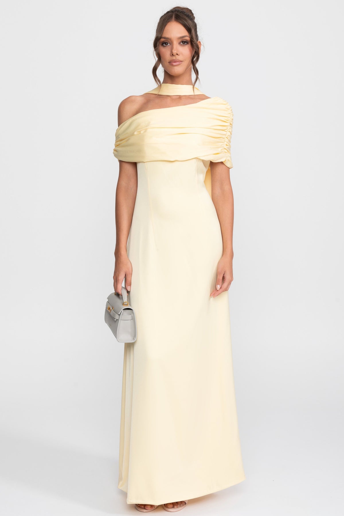 One-Shoulder Draped Satin Maxi Gown with Ruched Wrap Collar – Yellow – view 3
