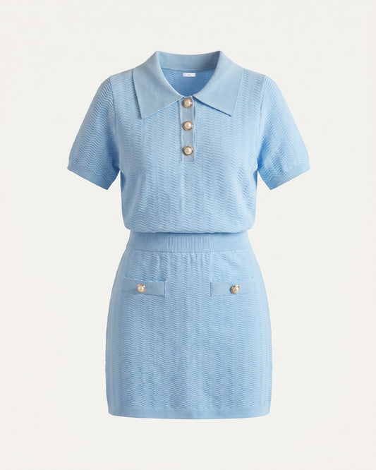 Mira Wool Tailored Polo and A-Line Skirt Set – Light Blue