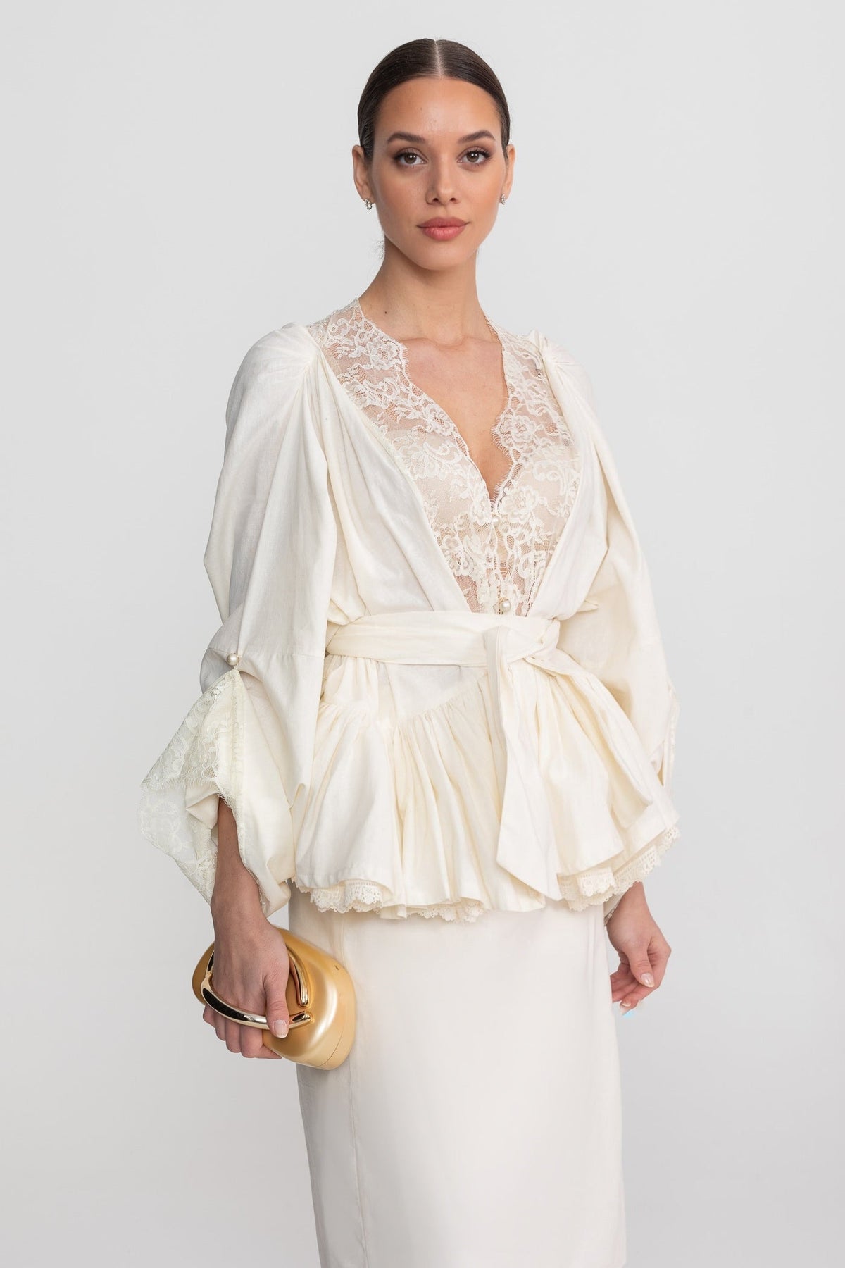 Belted Peplum Blouse and Midi Skirt Co-ord Set with Lace Inserts – Ivory – view 3